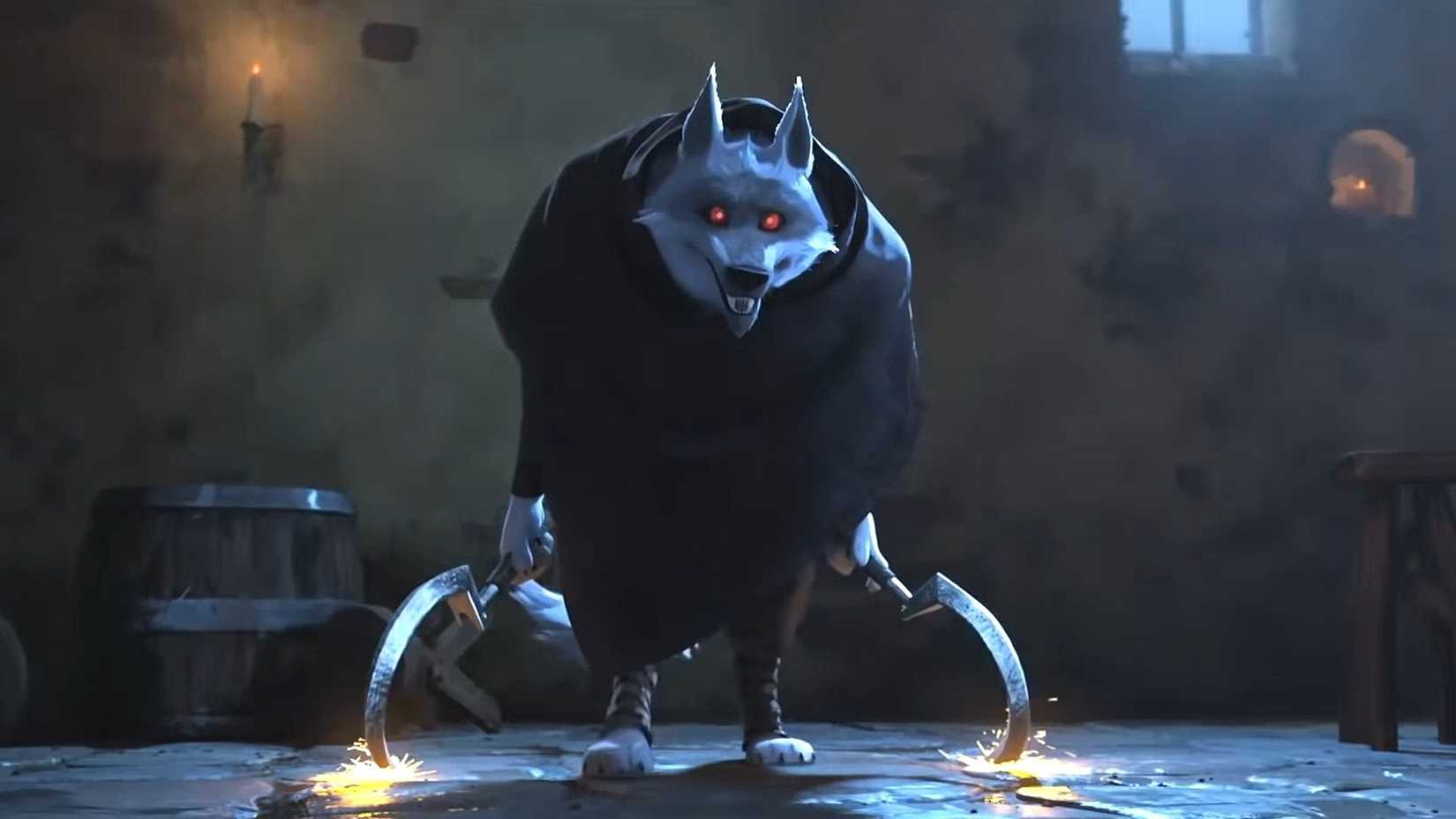 Death from Puss in Boots: The Last Wish runs his scythes on the floor.