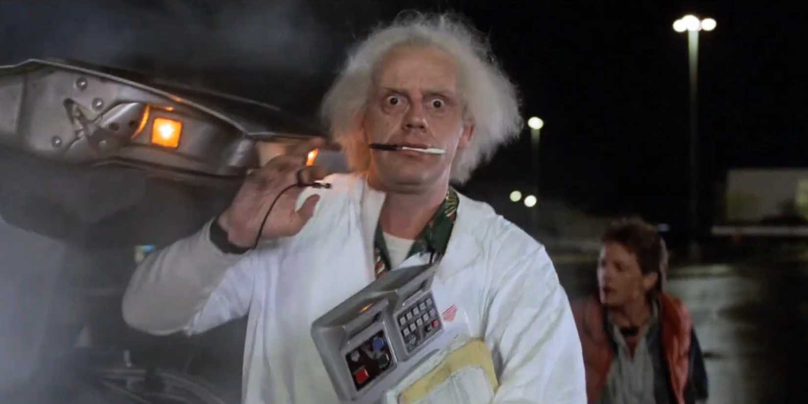 Doc Brown with a pen in his mouth in Back to the Future