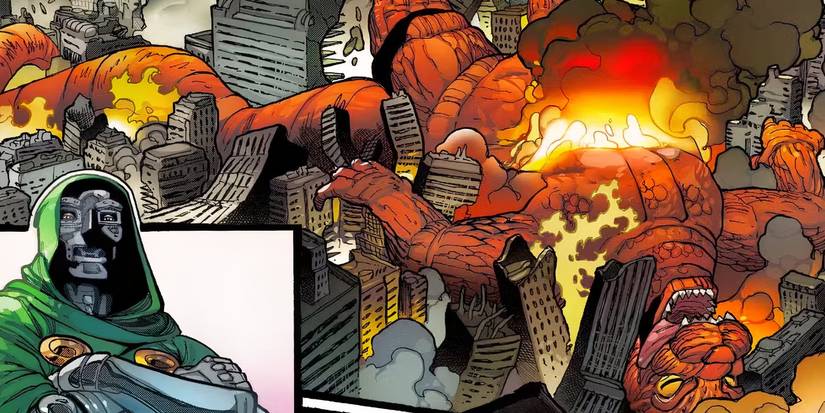 Dr. Doom looks down on Red Godzilla from Godzilla Conquers the Multiverse #1.
