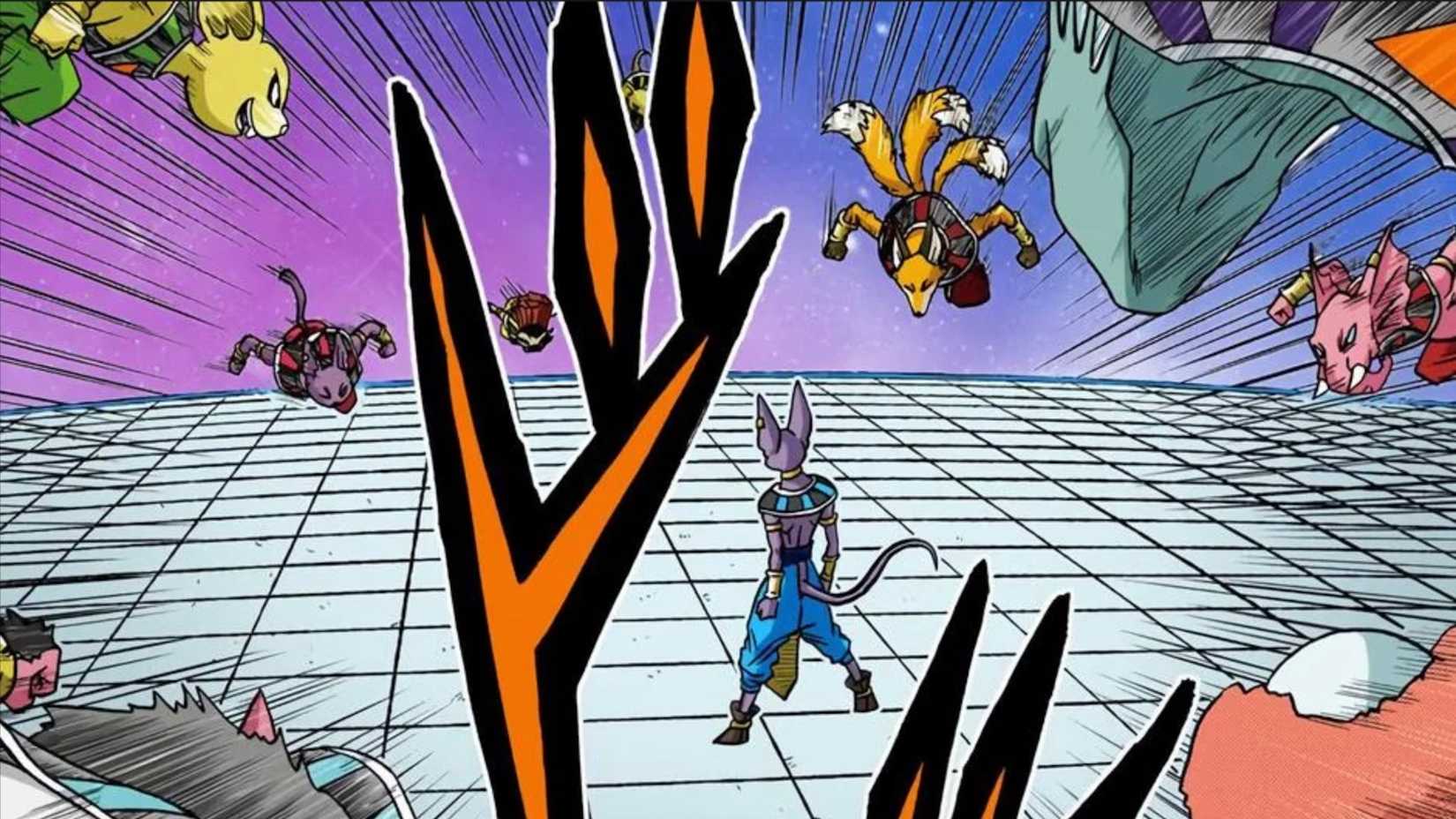 The Gods of Destruction tag-team attack Beerus during Zeno Expo in Dragon Ball Super manga.
