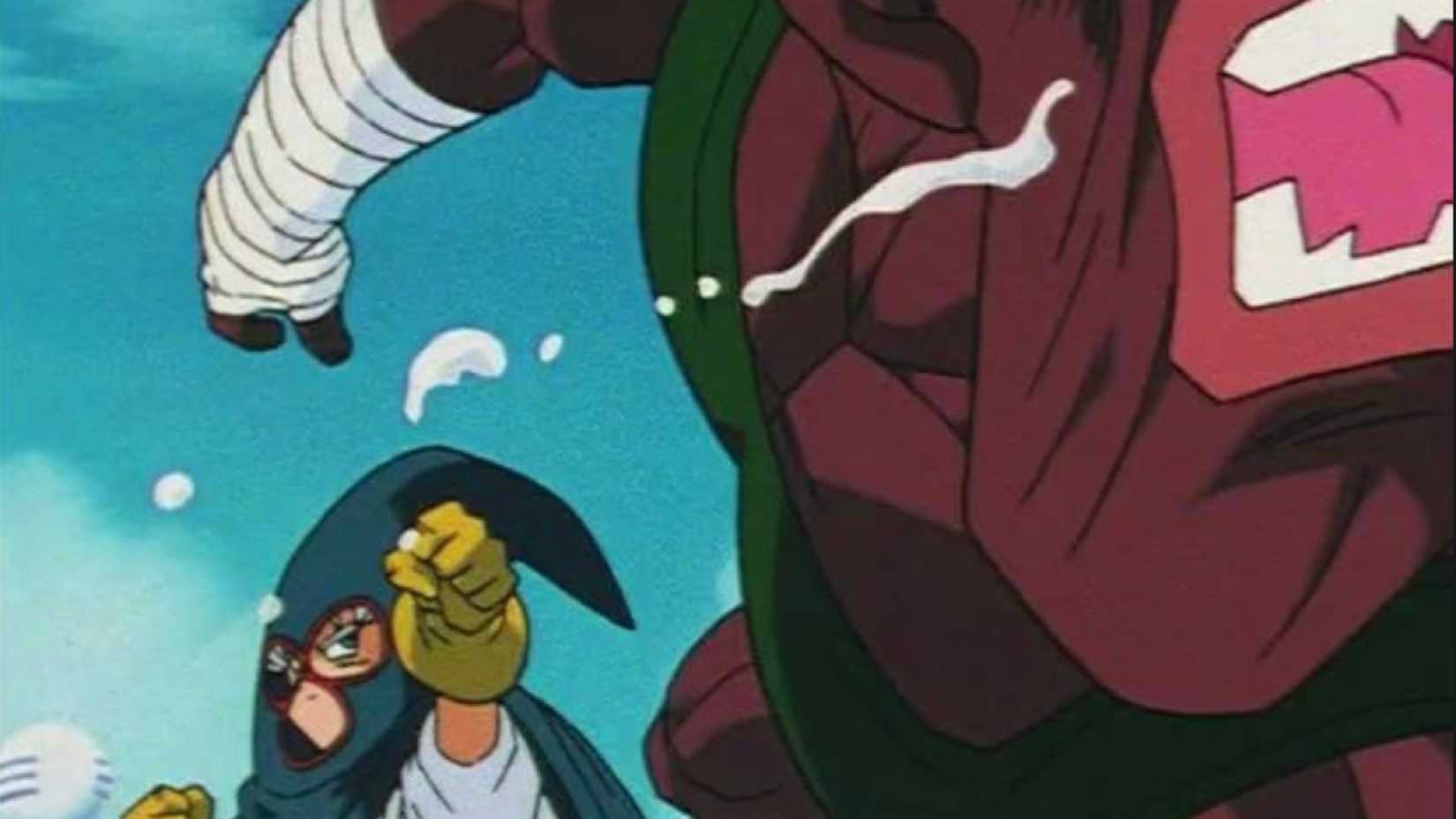 Mighty Mask punches Killa in the face in the 25th World Tournament in Dragon Ball Z.