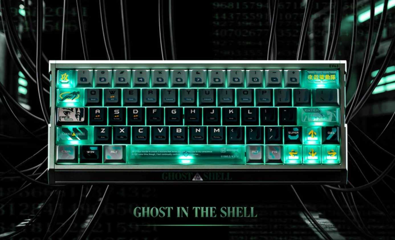 Zbliżenie na szczegółowe detale klawiatury mechanicznej z serii Ghost in the Shell od IQUNIX, podkreślające unikalne podświetlenie i design