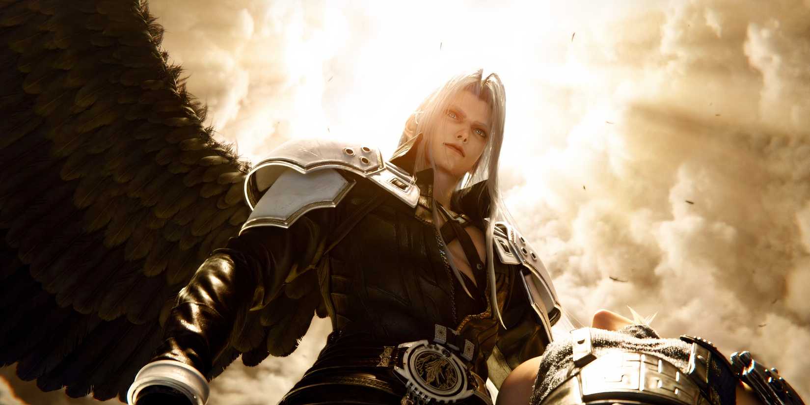 Sephiroth standing with one wing while he's holding Cloud