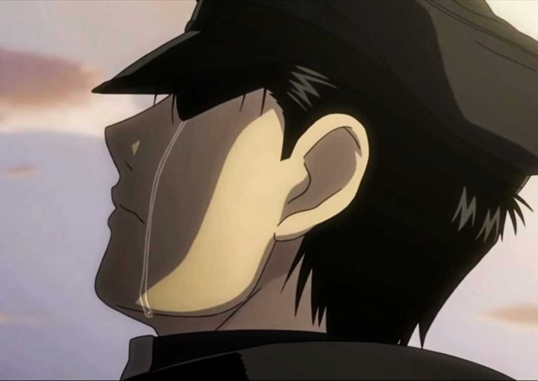 Roy Mustang crying at Maes Hughes' funeral in Fullmetal Alchemist: Brotherhood anime