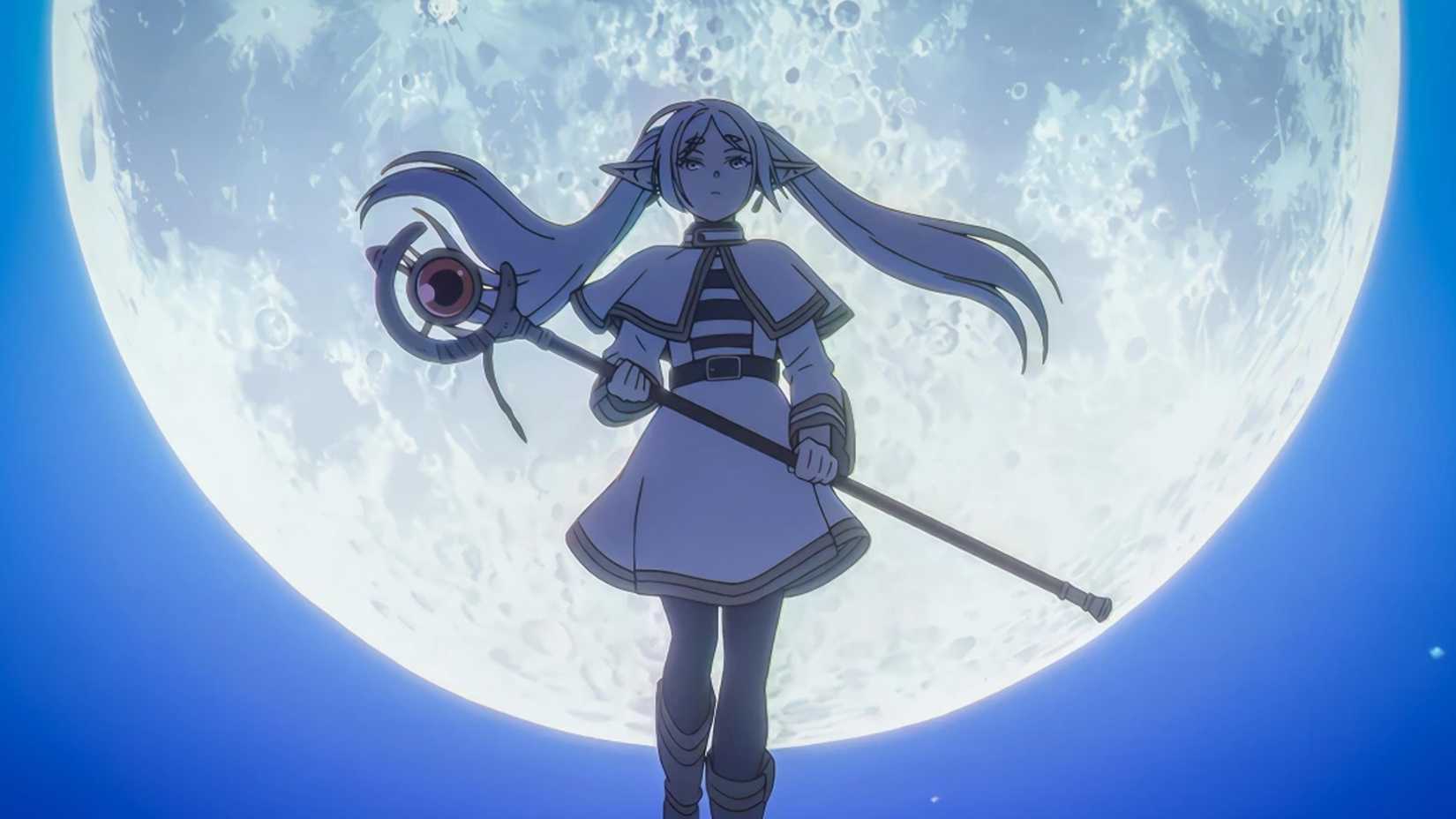 Frieren standing in front of a full moon with her staff in Frieren: Beyond Journey's End.