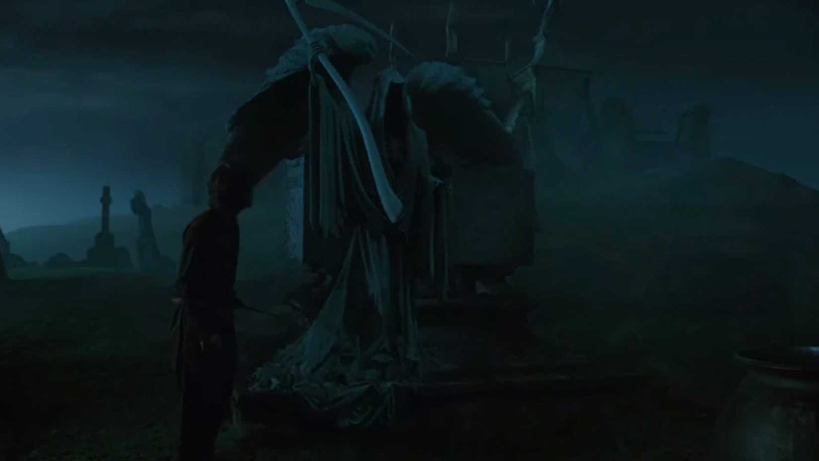 A statue of an avenging angel in a hood sits in a graveyard in Harry Potter and the Goblet of Fire. 
