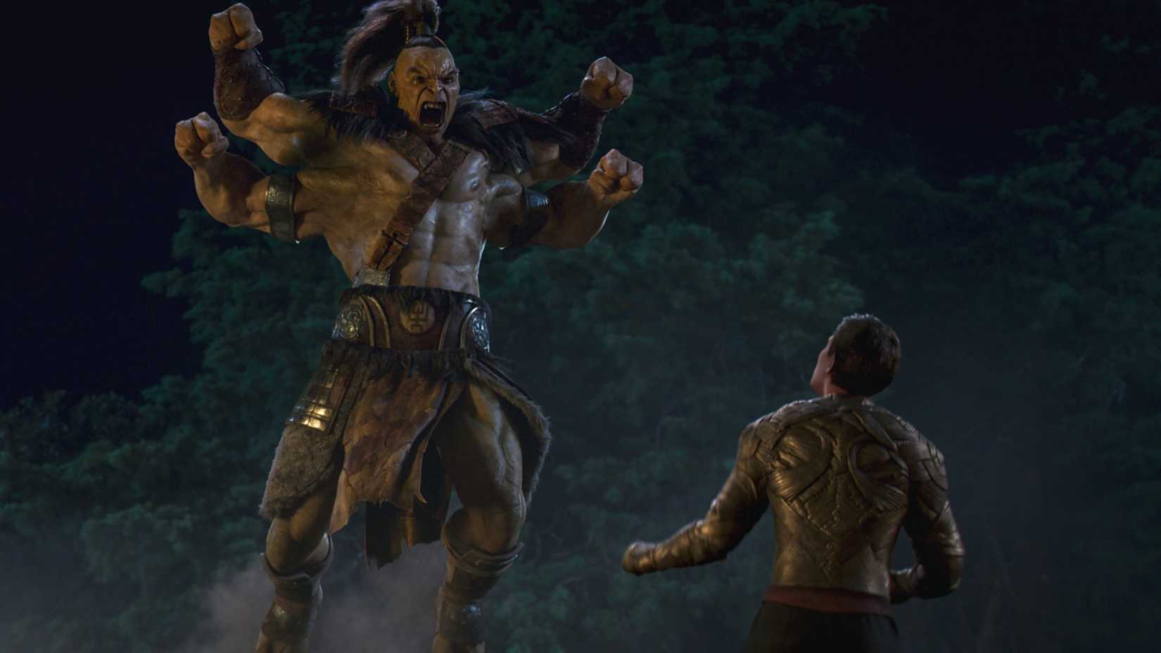 Goro jumping towards Cole Young with his arms outstretched in Mortal Kombat (2021)