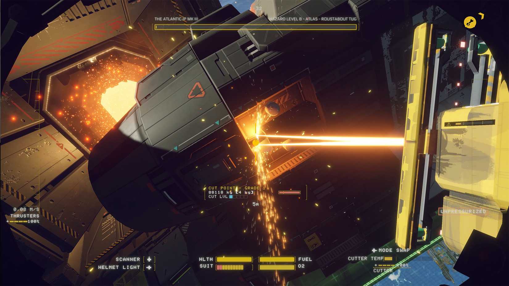 Hardspace Shipbreakers Screenshot of Using Your Laser Cutter To Break Apart A Spaceship