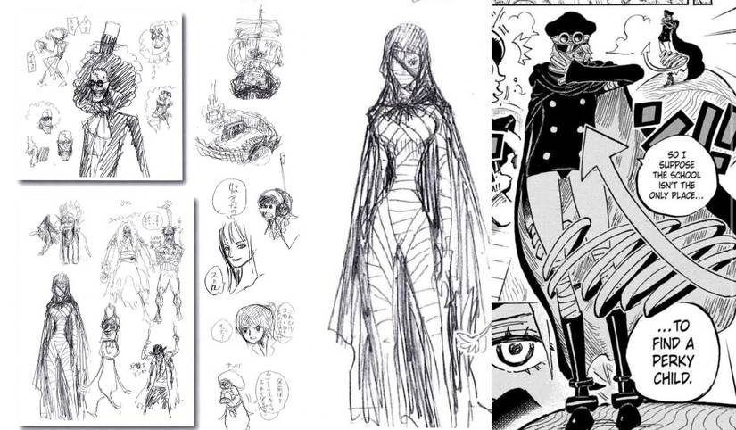 Art conceptuel officiel One Piece d'Eiichiro Oda pour l'arc Thriller Bark qui présente un personnage ressemblant à Manmayer Gunko. 