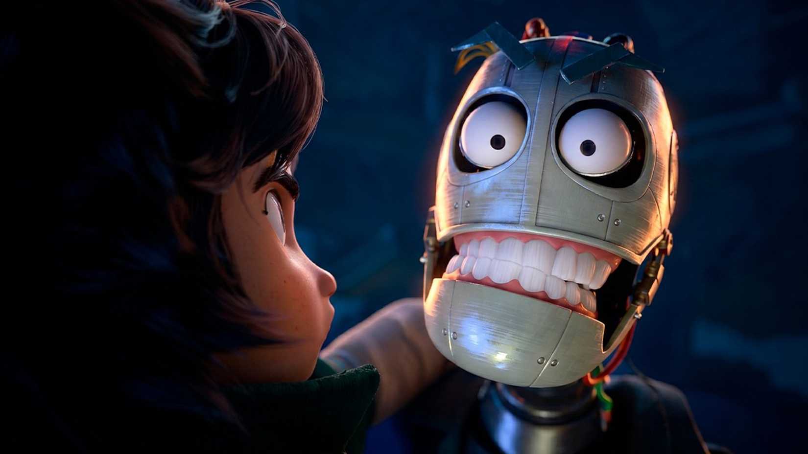 Mabel holds the robotic head of Titus in Hoppers.
