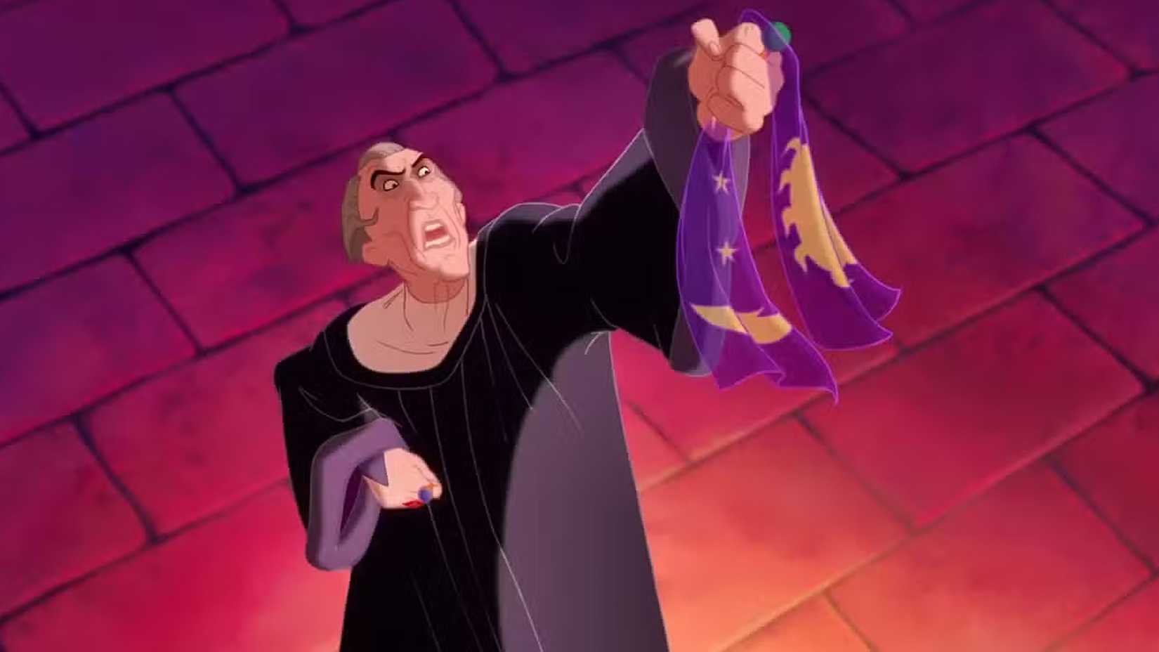 Frollo holds up a scarf in The Hunchback of Notre Dame.