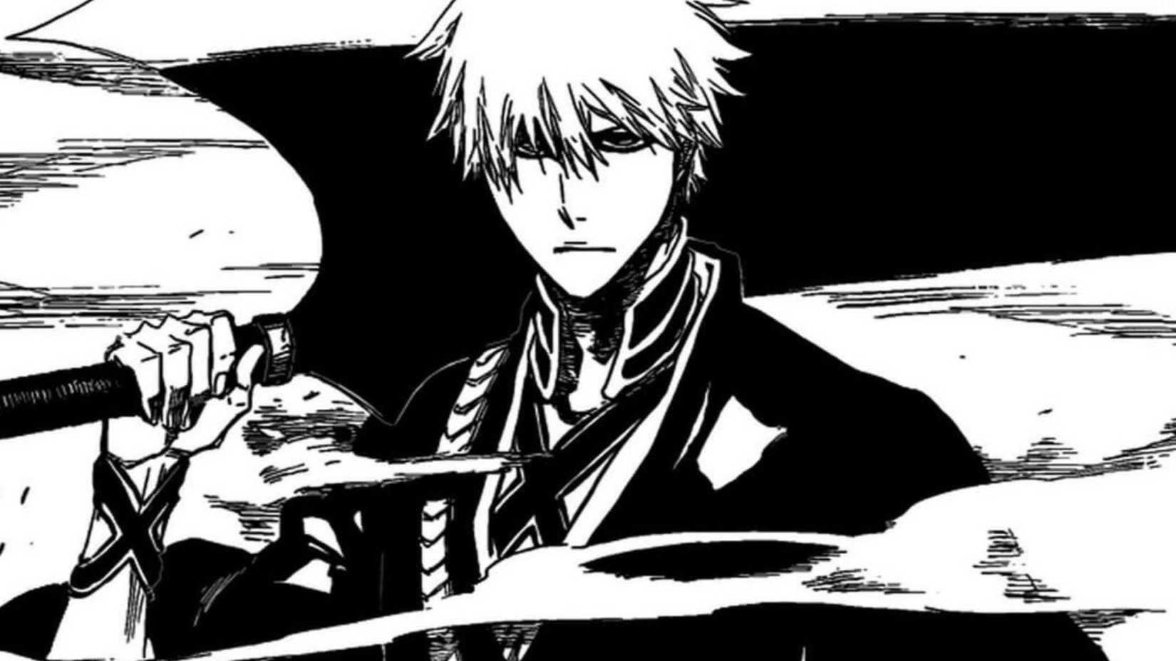 Ichigo holds his blade over his shoulder in Bleach manga.