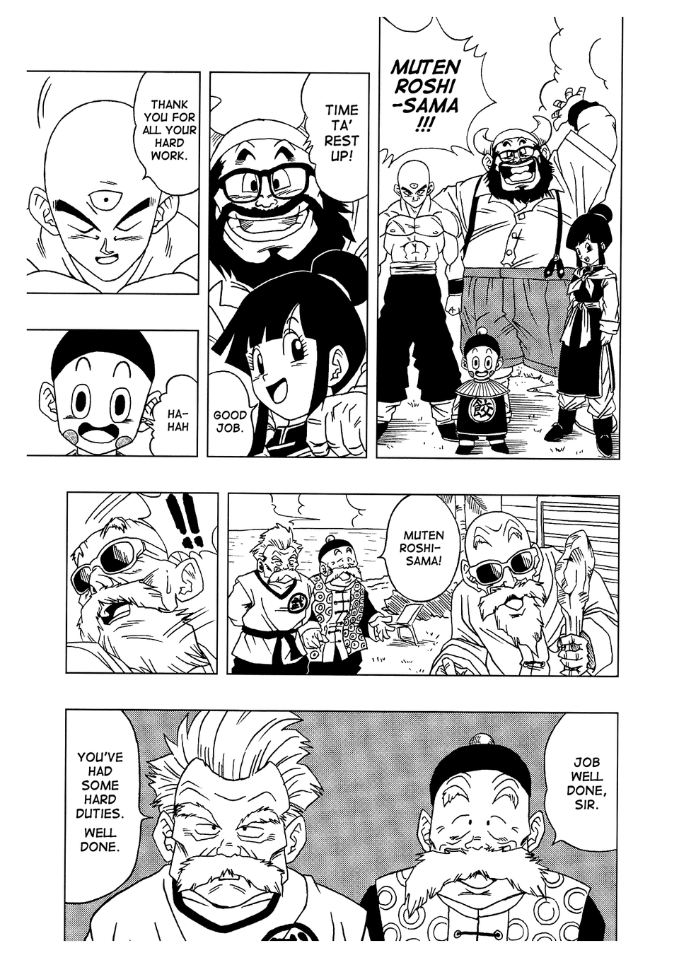 The Z-Fighters greet Roshi after death in the Dragon Ball AF manga by Toyotarou