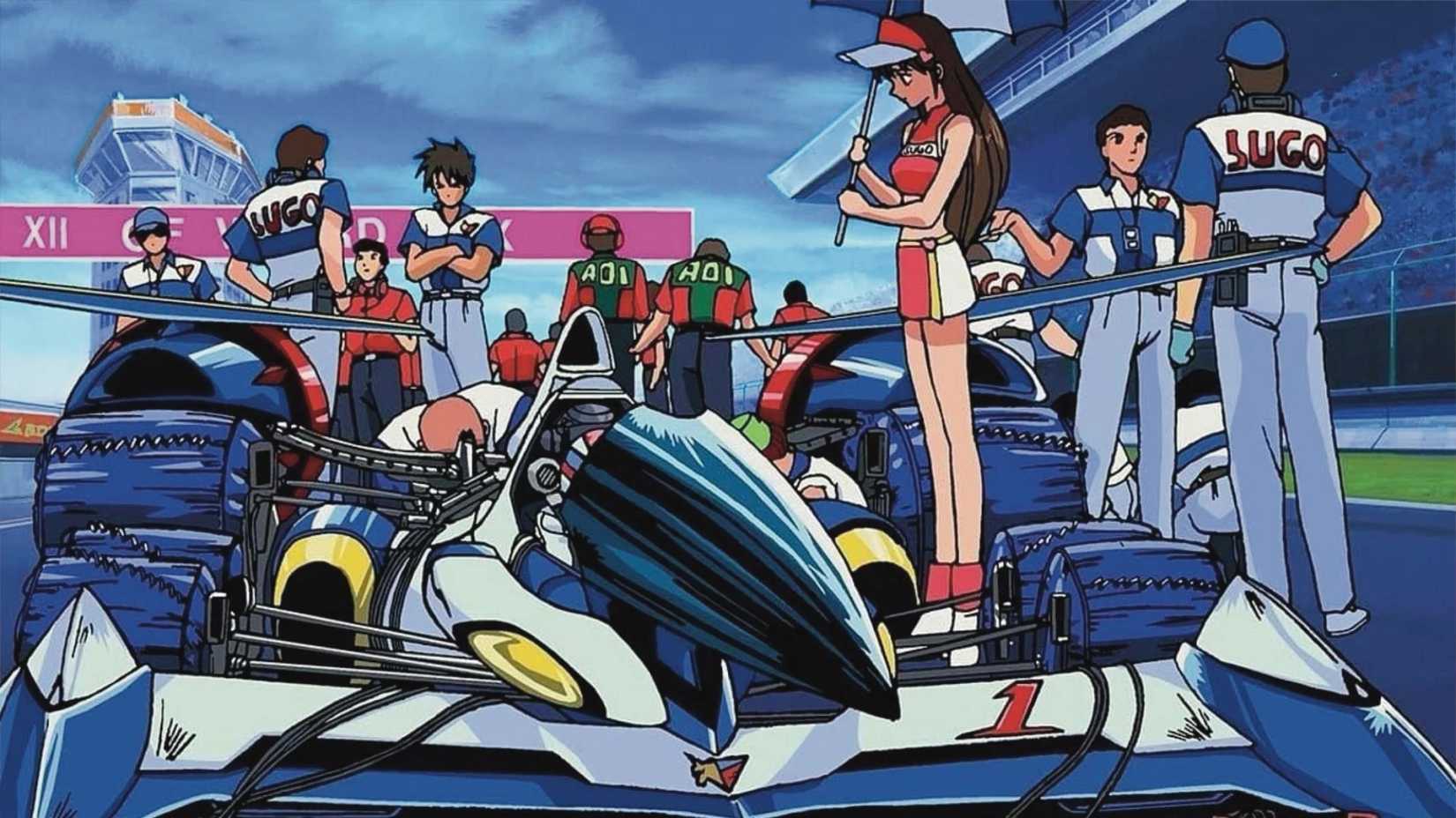 Cast of characters standing in front of a vehicle in Future GPX Cyber Formula anime