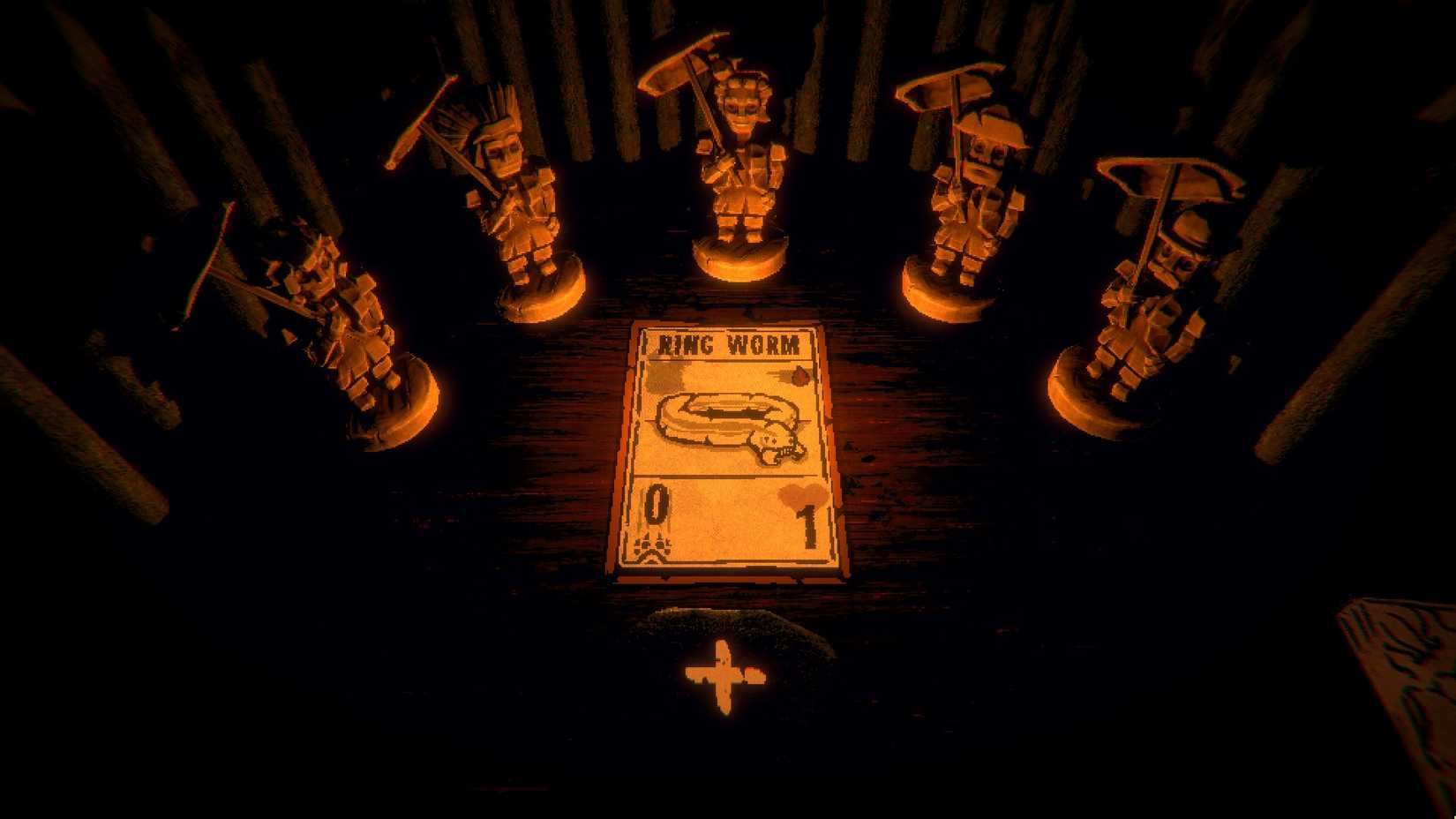 A card from Inscryption in front of several statues video game