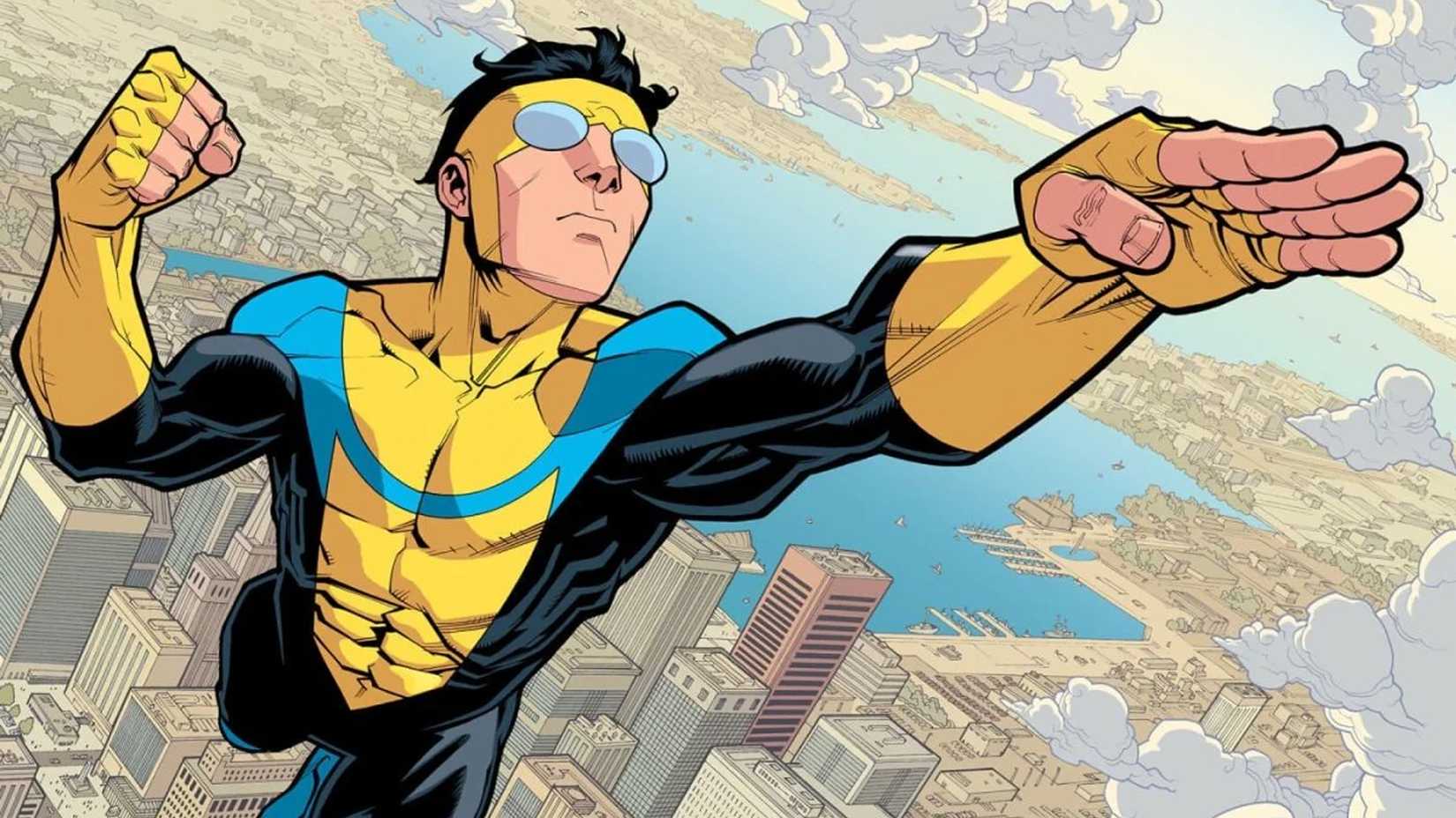 Invincible flies high above his home city