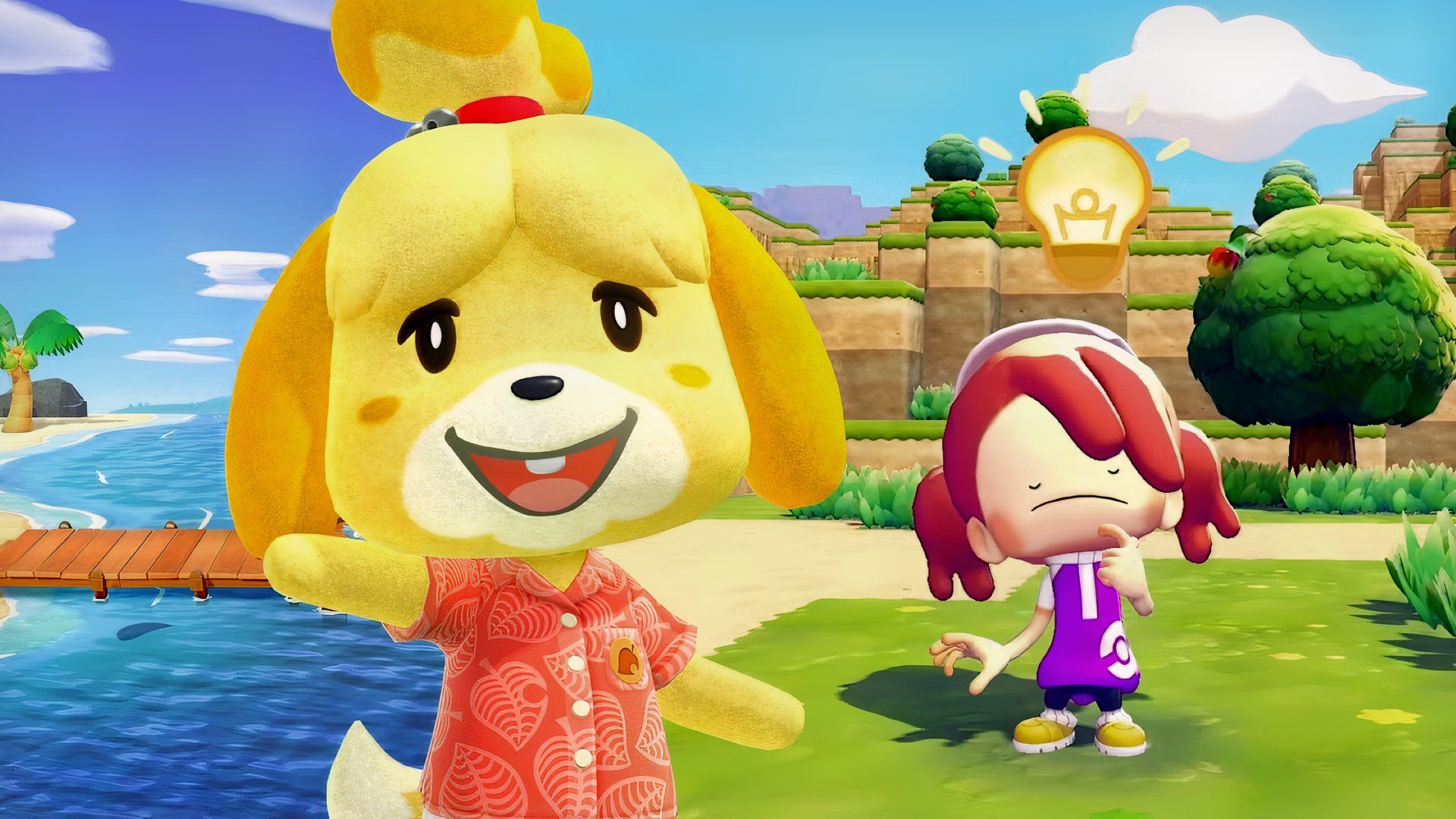 Isabelle from Animal Crossing and a human ditto from Pokemon Pokopia