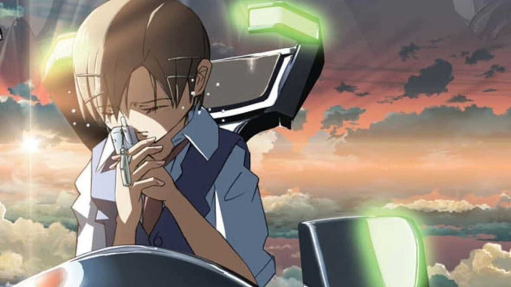Mikako Nagamine sitting alone in a spaceship, clutching her phone in Voices of a Distant Star anime