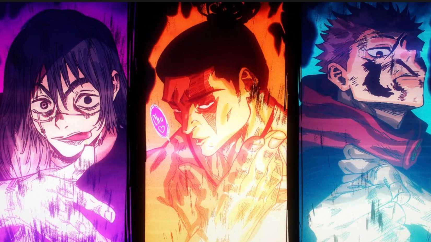 Mahito, Todo, and Yuji caught in battle during Black Flash in Jujutsu Kaisen.