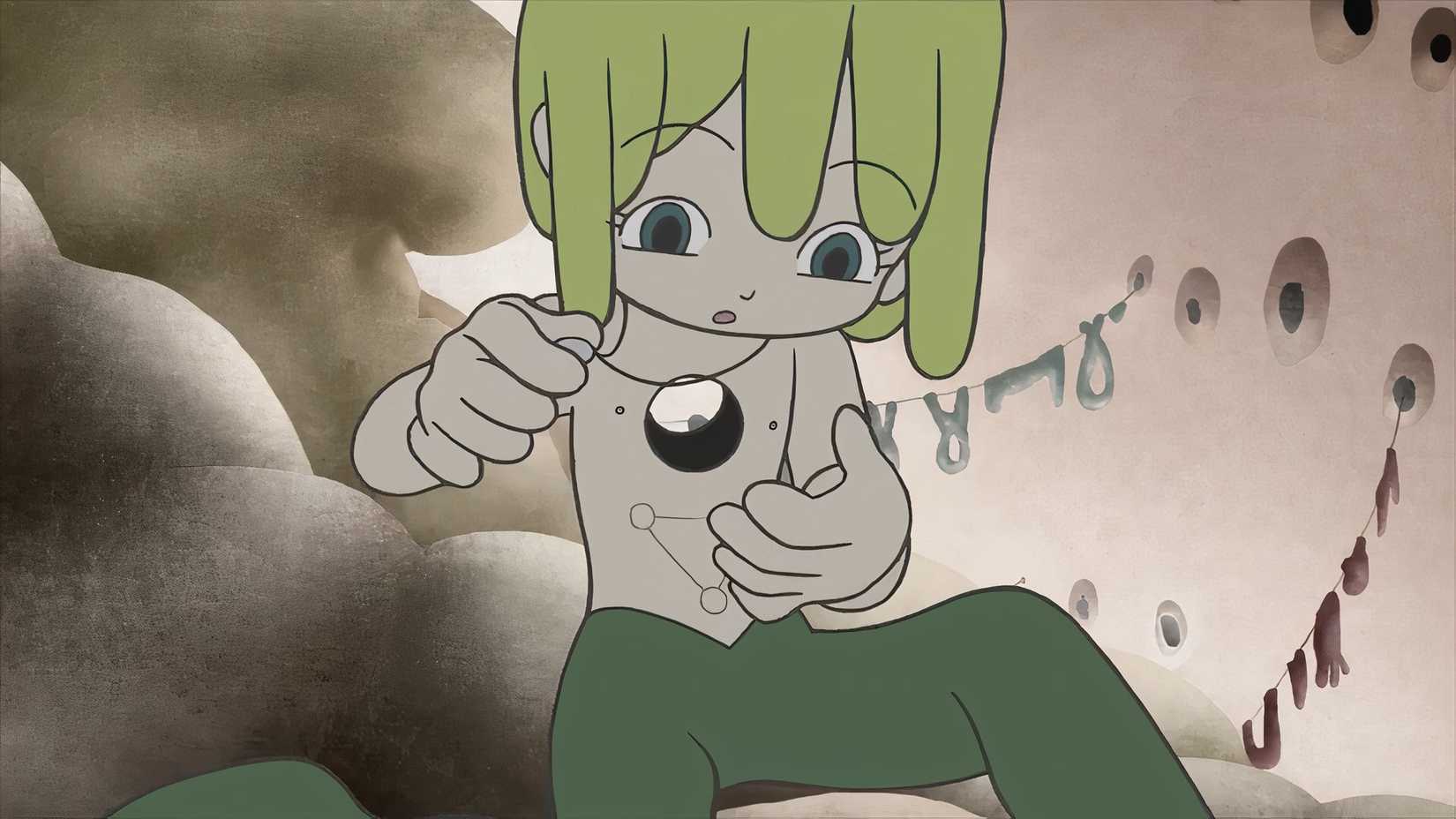 Kaiba looking at the hole in his chest in the Kaiba anime series