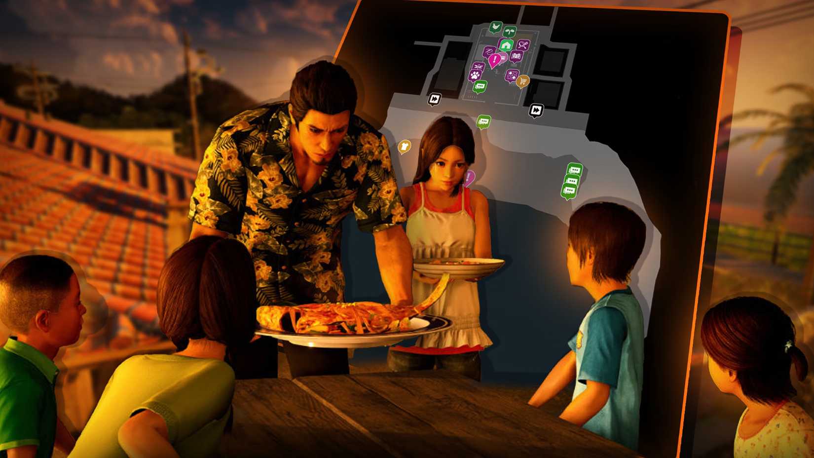 Kiryu putting food on the table for the Morning Glory Orphanage in Yakuza Kiwami 3
