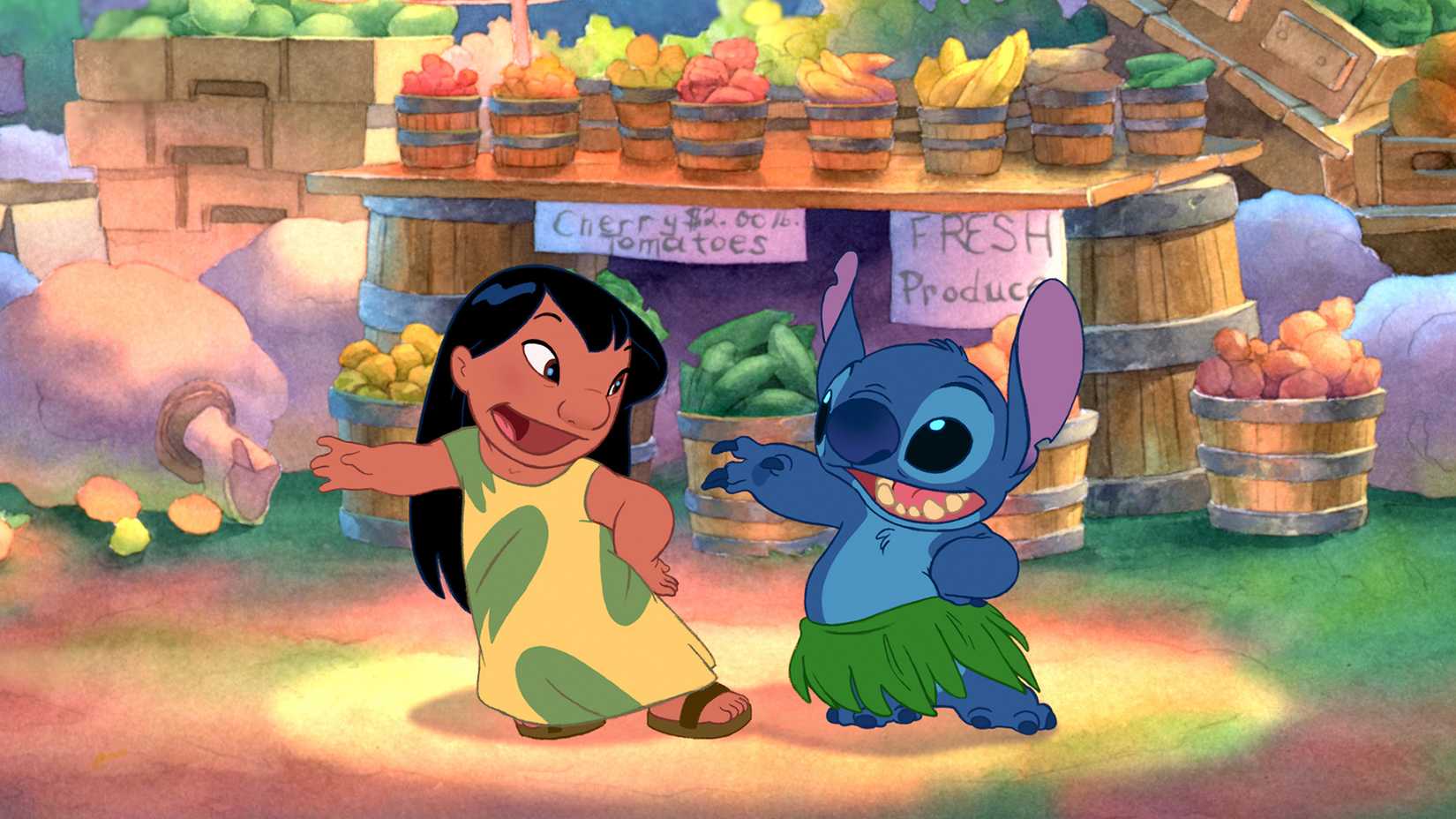 Lilo and Stitch dance the hula in front of a fruit stand in Lilo & Stitch.