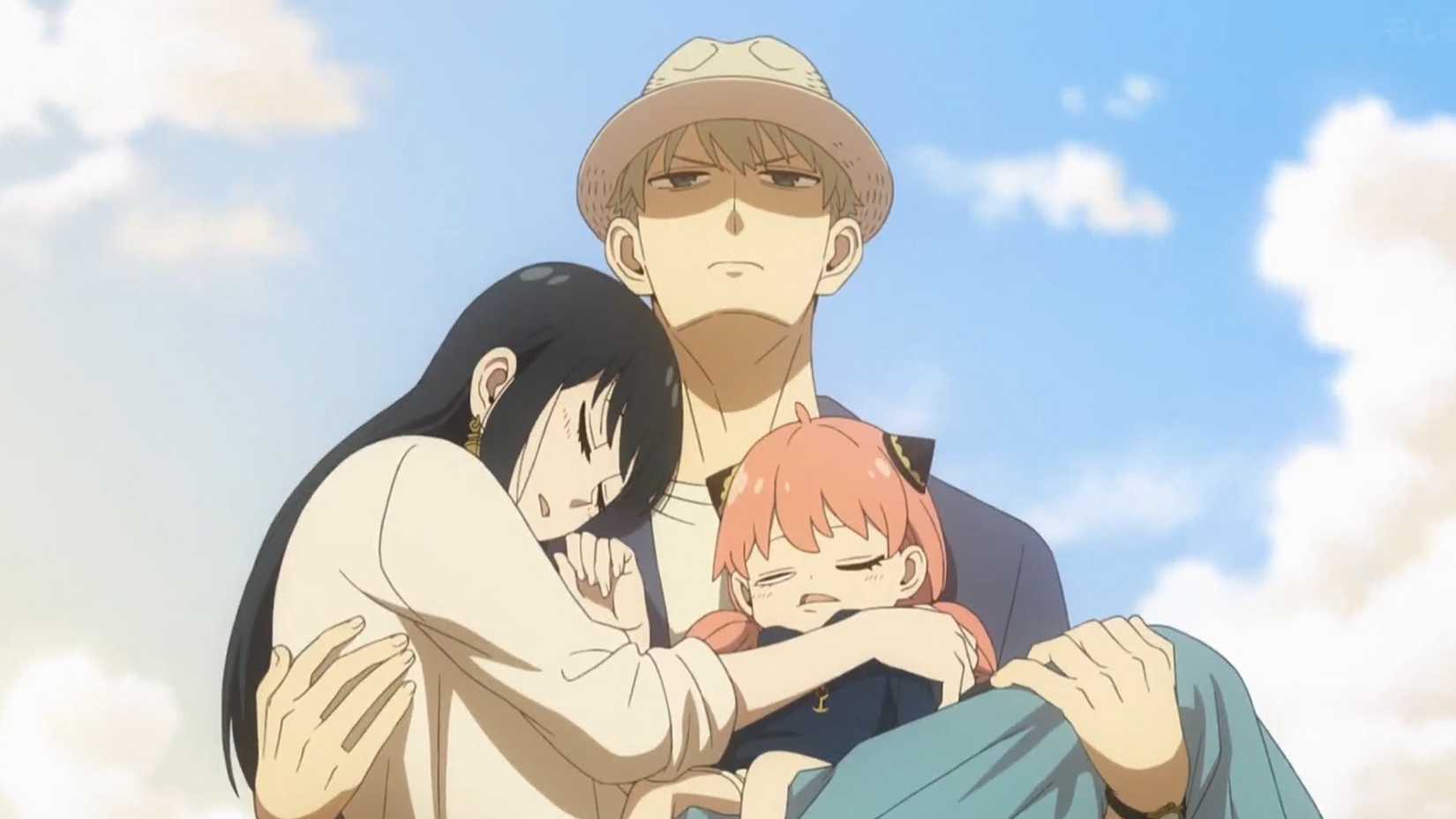Loid Forger carrying Yor and Anya on vacation in Spy x Family