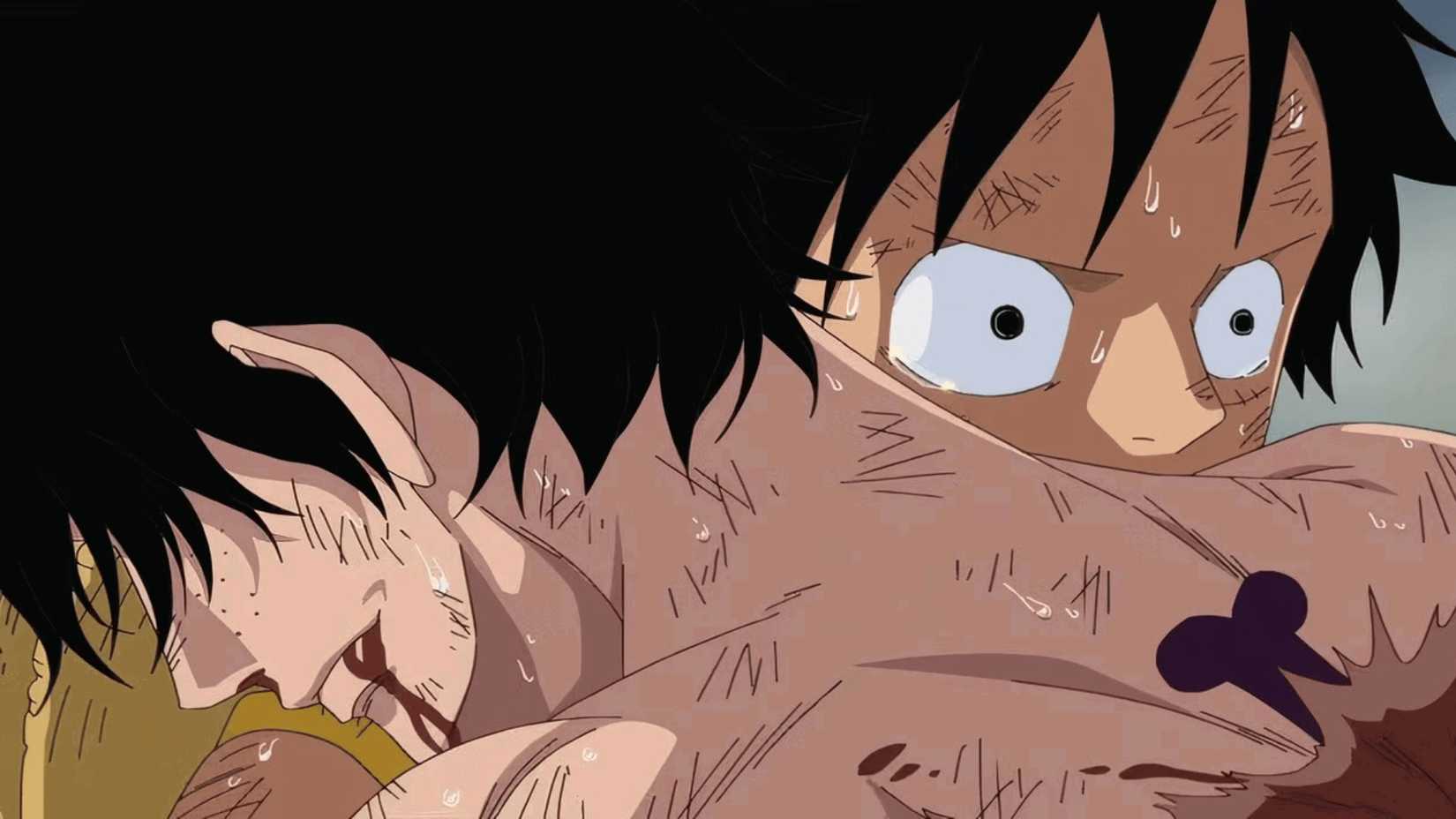 Luffy holding Ace in One Piece's Marineford Arc anime
