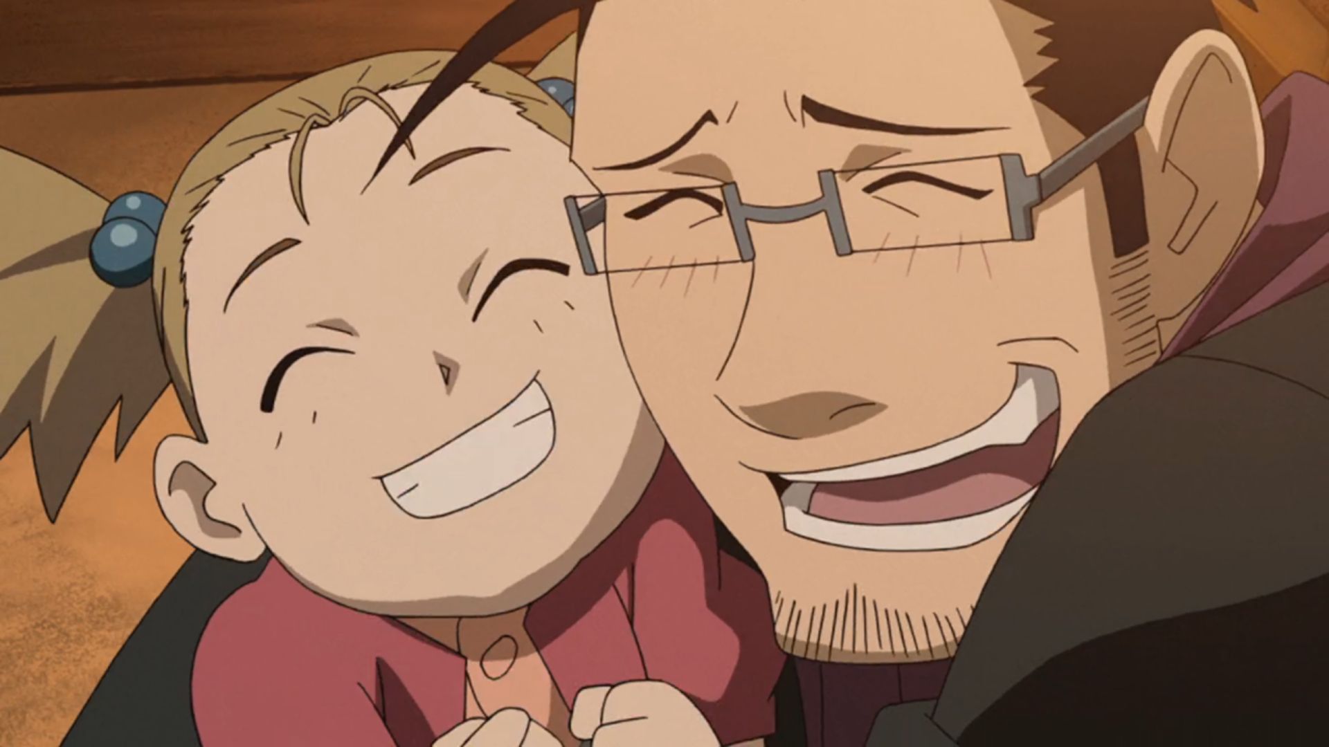 Maes Hughes hugging his daughter in Fullmetal Alchemist: Brotherhood.