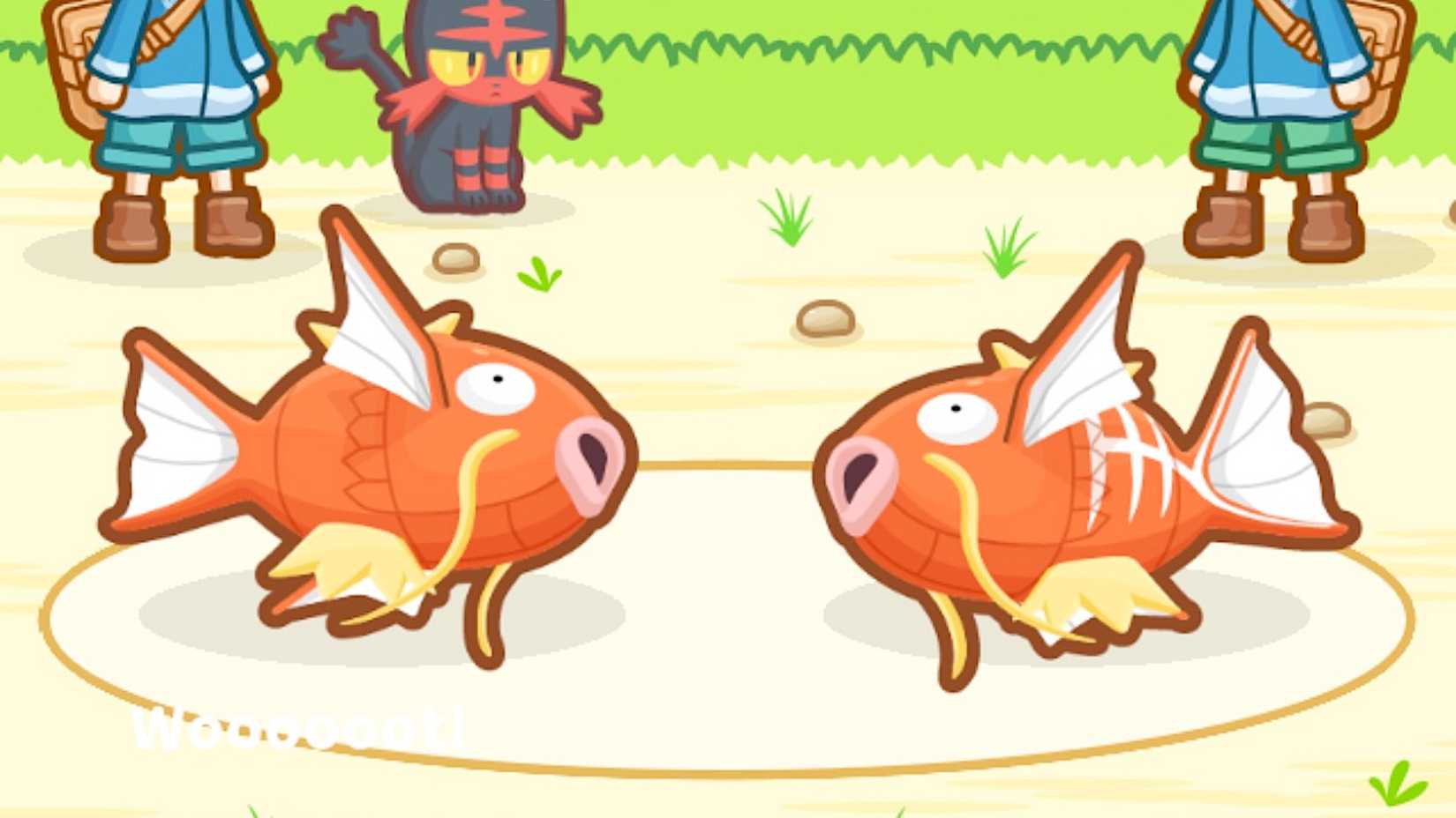 A Magikarp Jump screenshot featuring two Magikarp in a jumping contest.