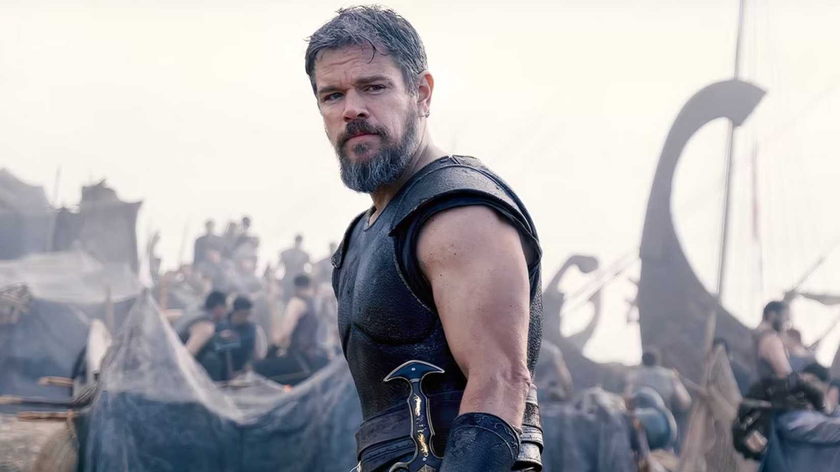 Matt Damon wears greek armor in The Odyssey.