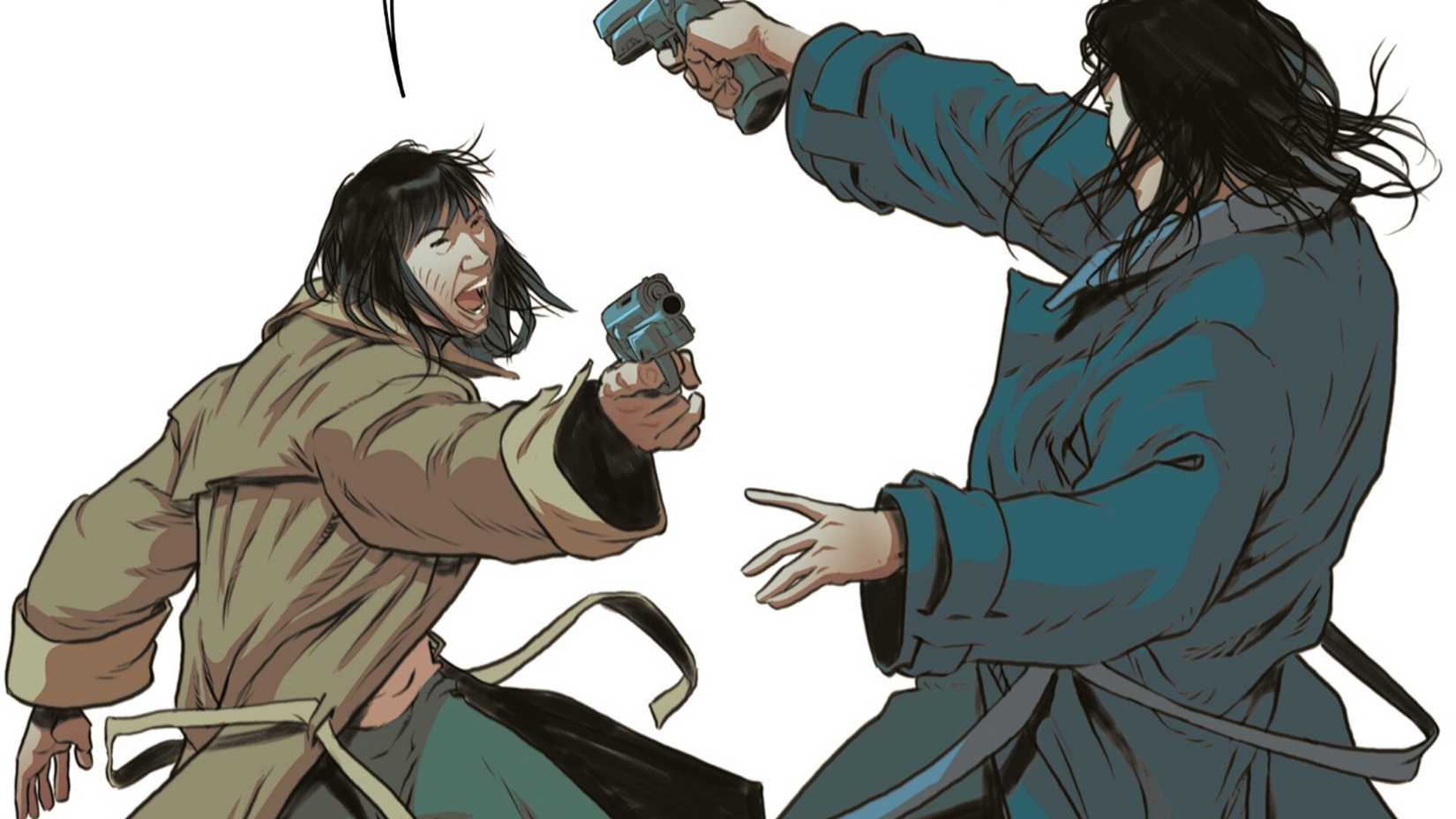 Mead and Rumiko face off at gun point 