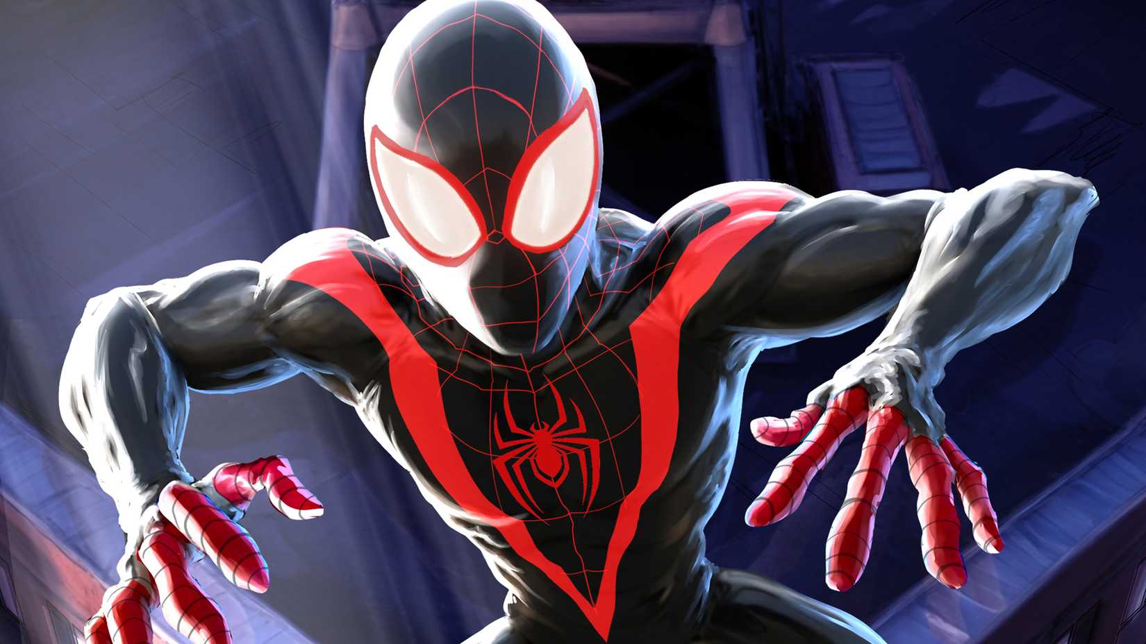 Miles Morales as Spider-Man ready to strike on a rooftop