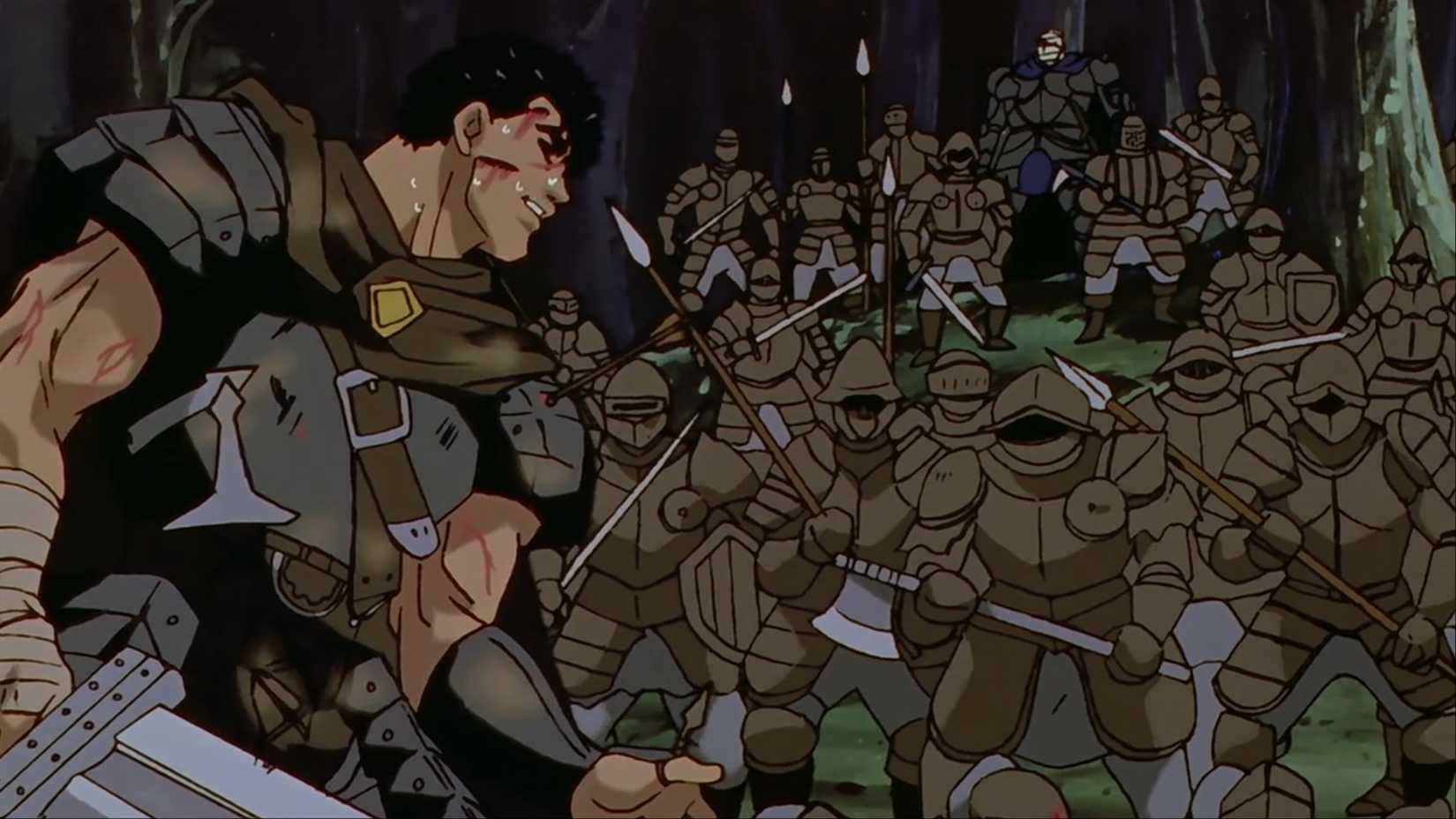 Guts affronte une centaine d'hommes dans Berserk.