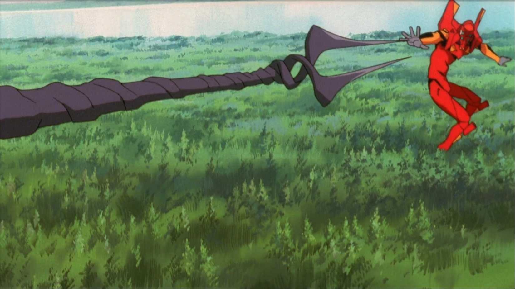 The Lance of Longinus flying toward Eva Unit-02 in Neon Genesis Evangelion