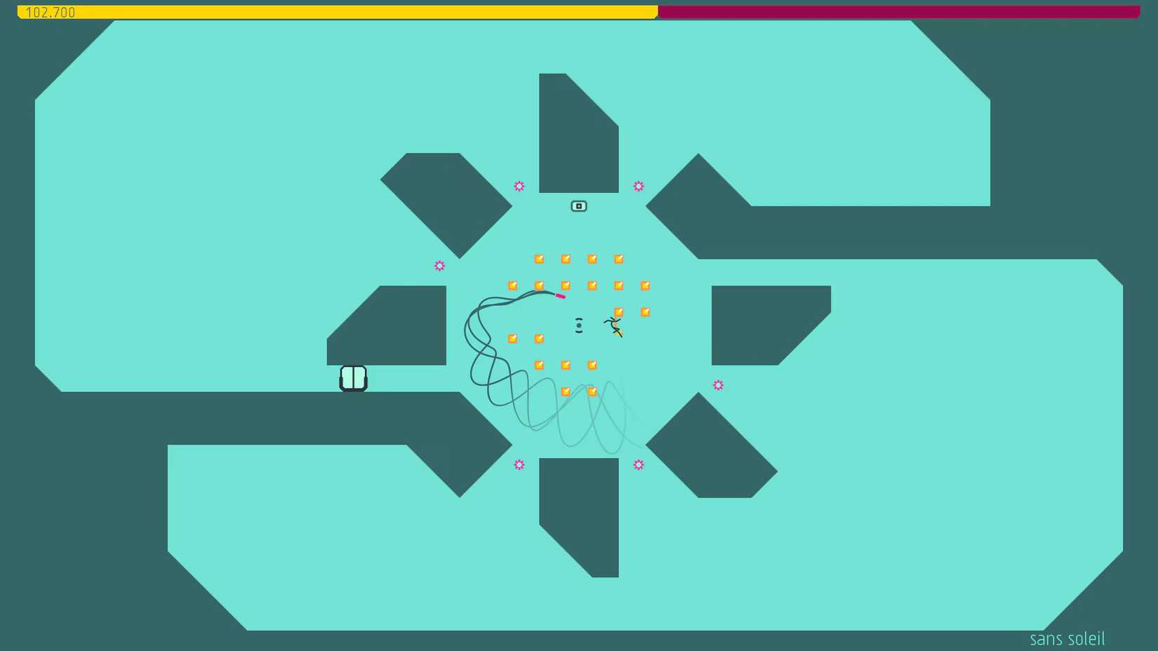 An N++ screenshot featuring the player character dodging obstacles.