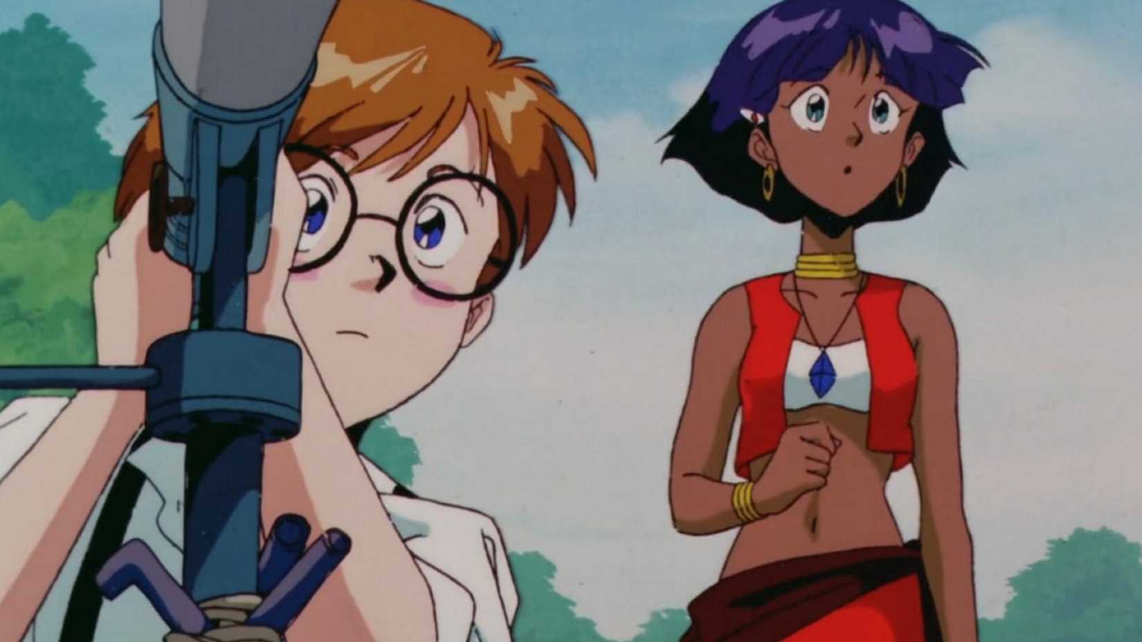 Jean looks through a telescope with Nadia in Nadia: The Secret of Blue Water.