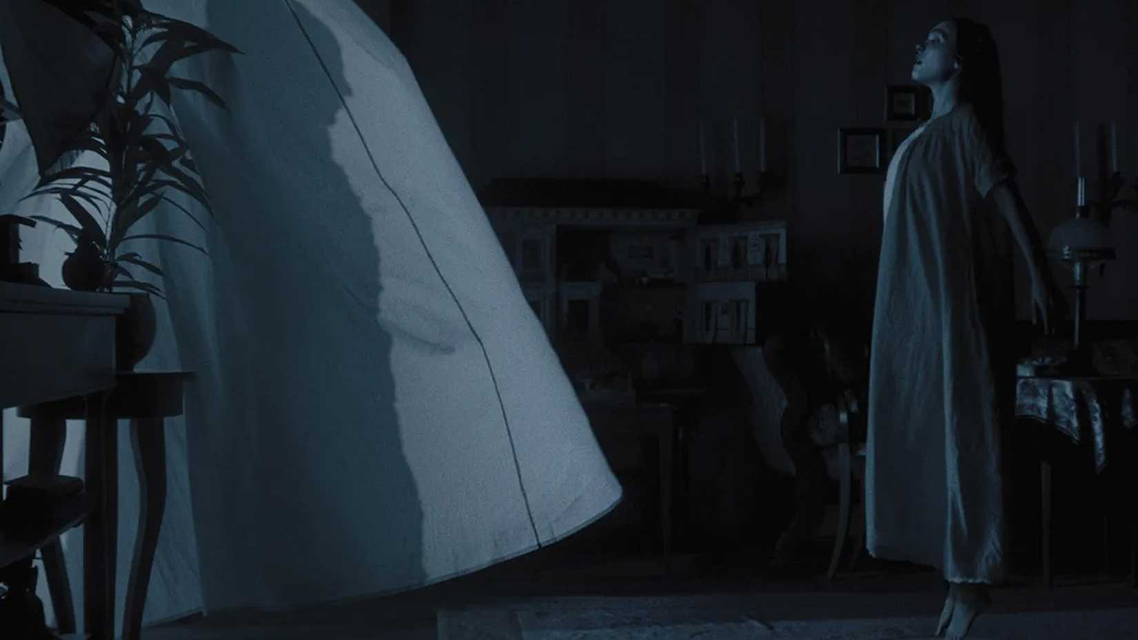 Ellen stands at the window as Nosferatu calls to her in shadow form. 