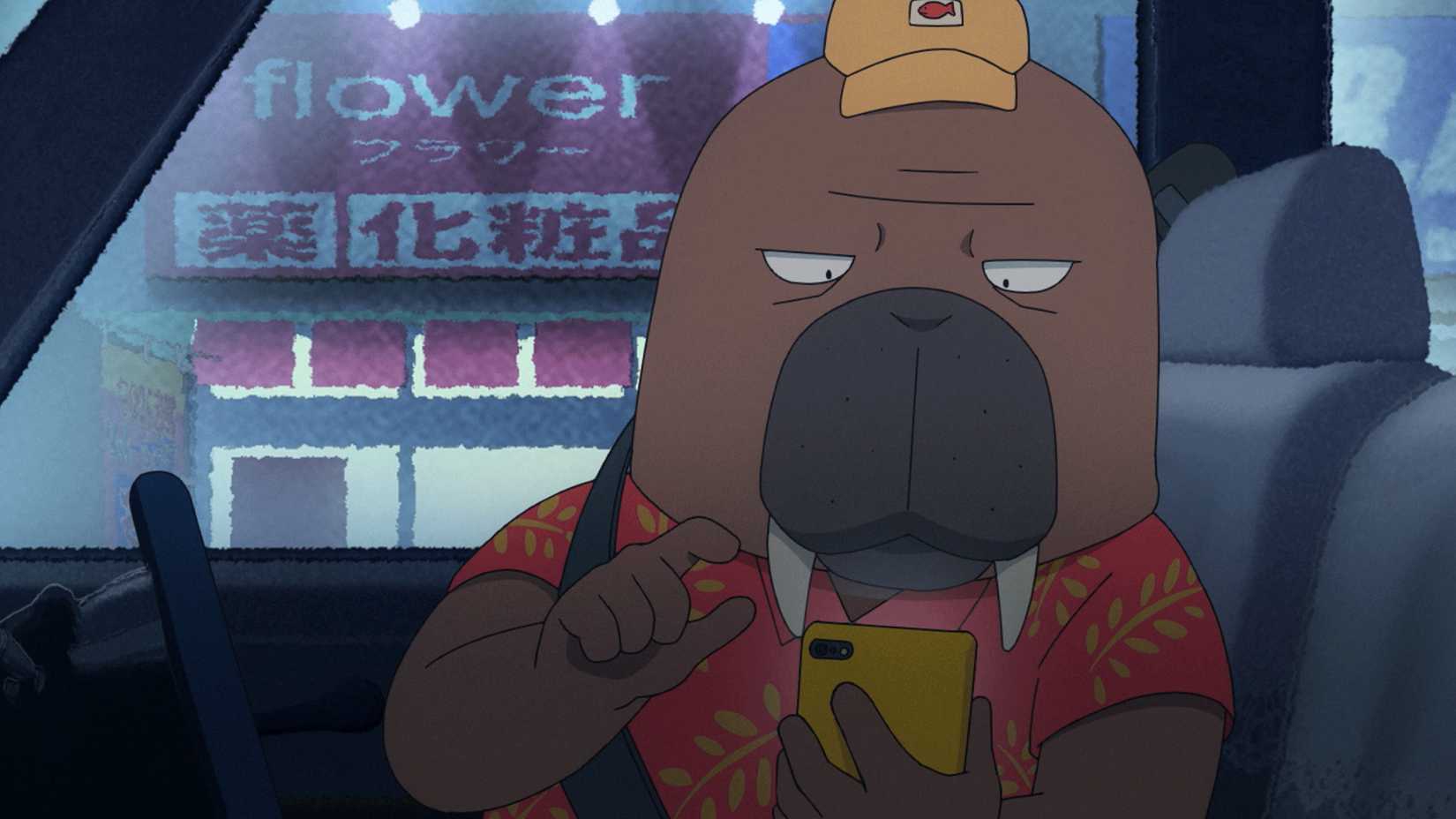 Hiroshi Odokawa checks his phone in Odd Taxi.