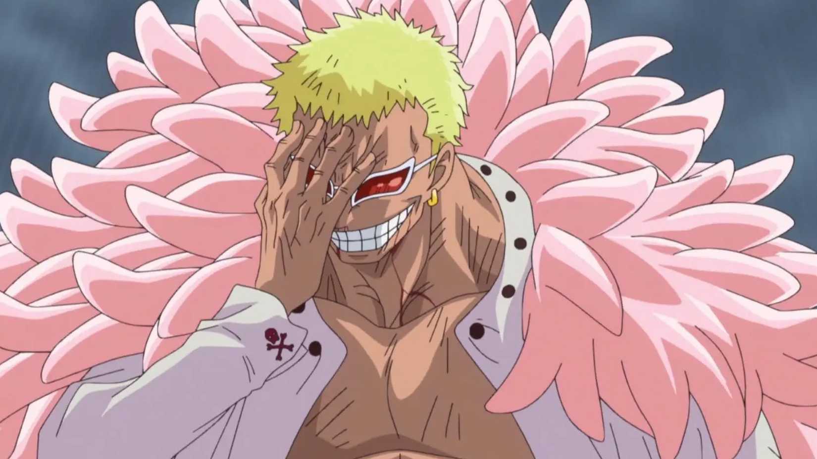 One Piece's Donquixote Doflamingo laughing to himself