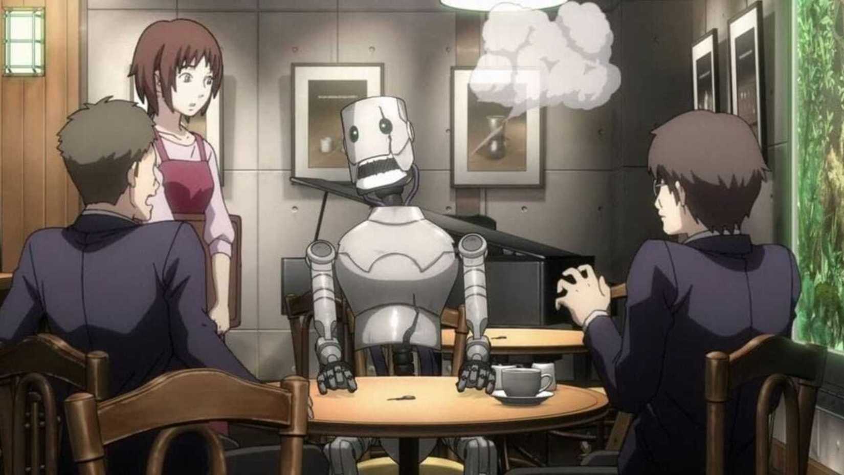 Humans and a robot chatting at the cafe in Time of Eve.