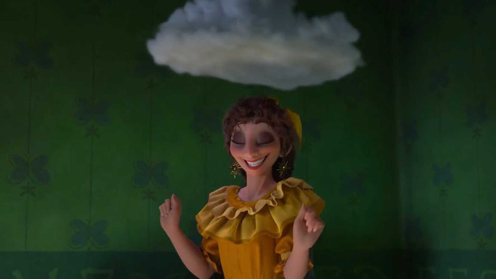 Pepa Madrigal smiles rigidly with a cloud over her head in Encanto.