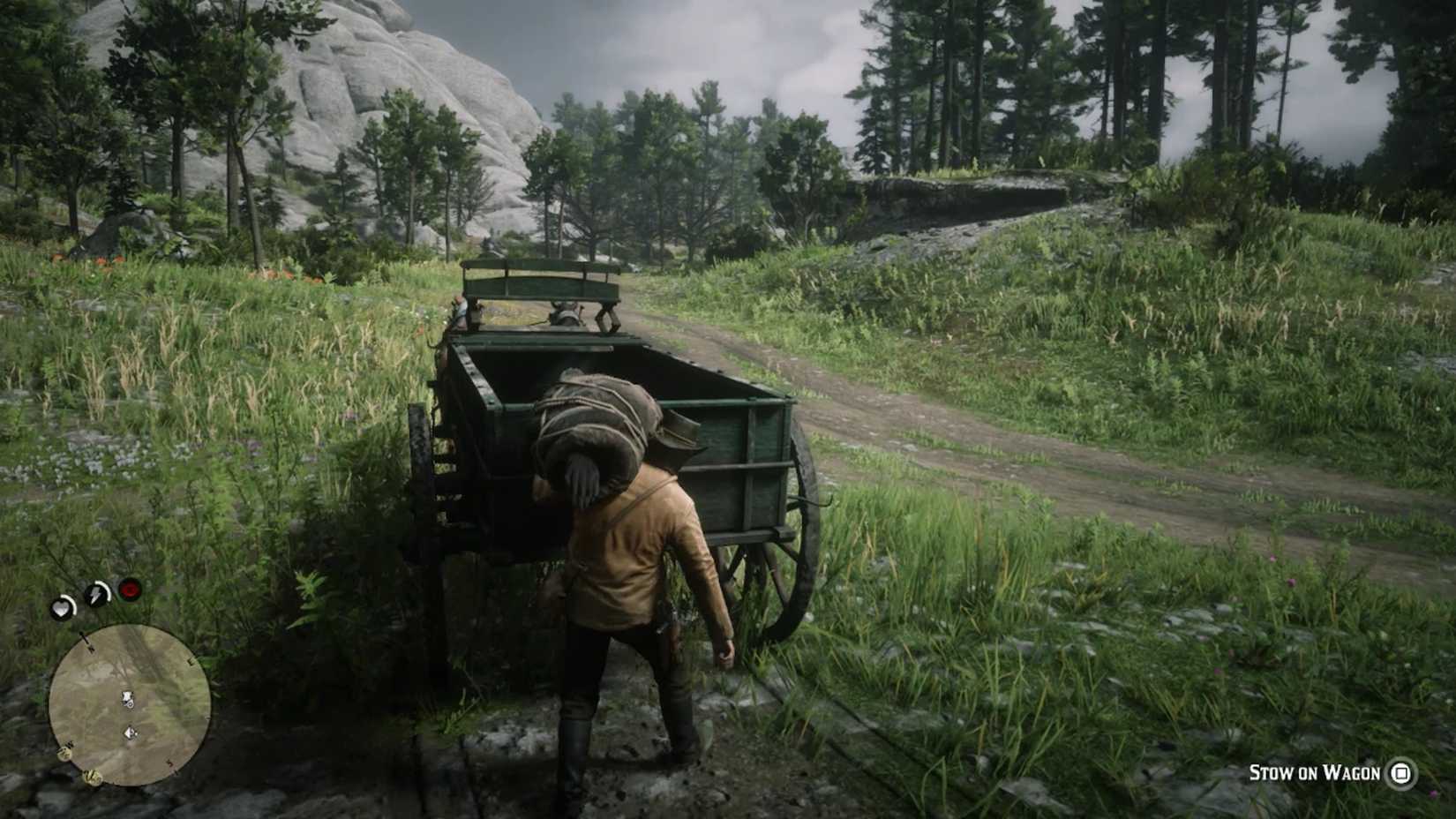 Player holding a skin loading the hunting wagon from the mod for Red Dead Redemption 2