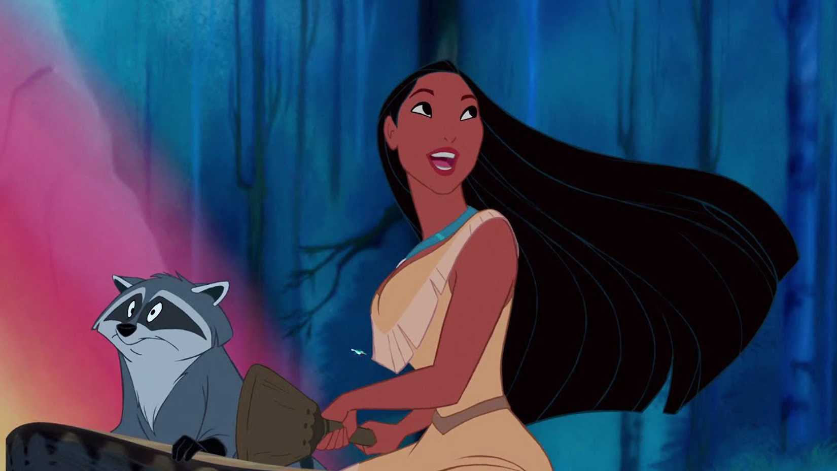 Pocahontas sings in a canoe with her raccoon in Pocahontas. 