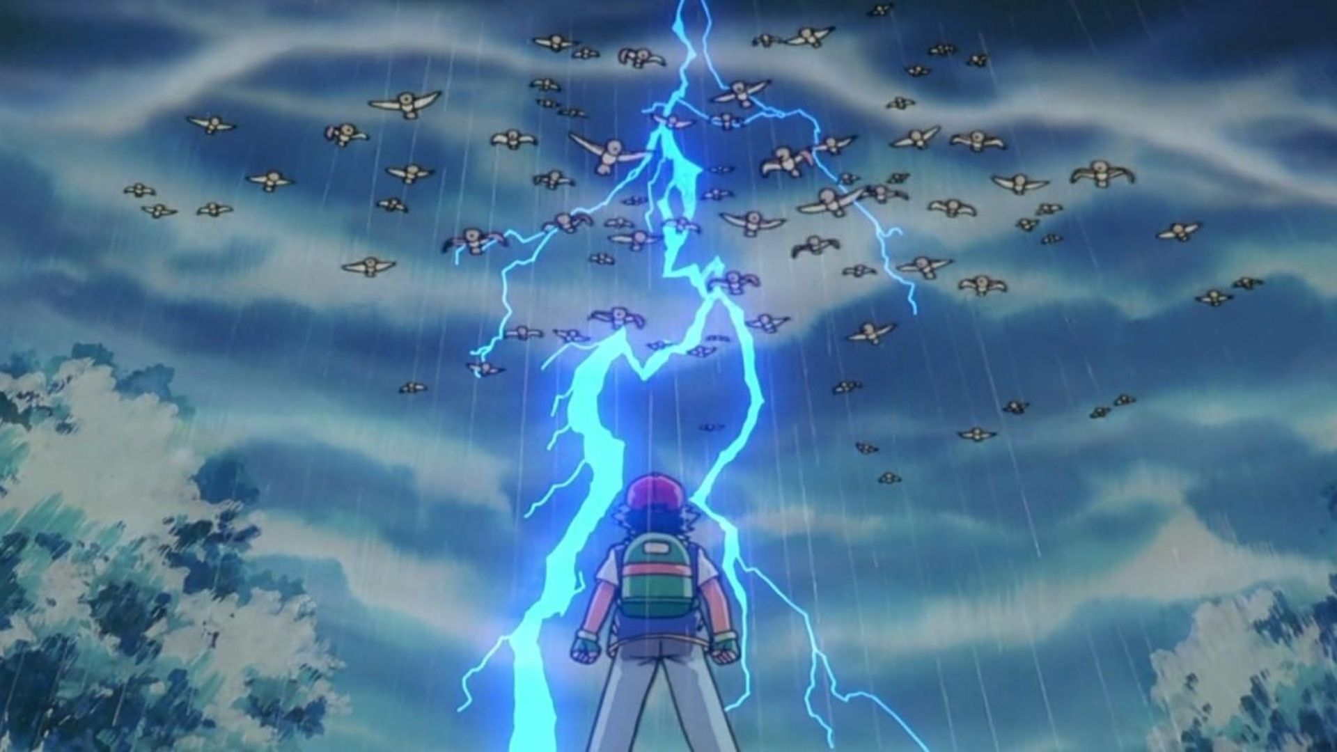 Pokemon Lightning Strikes In Front Of Ash While Spearow Fly Toward Him Anime