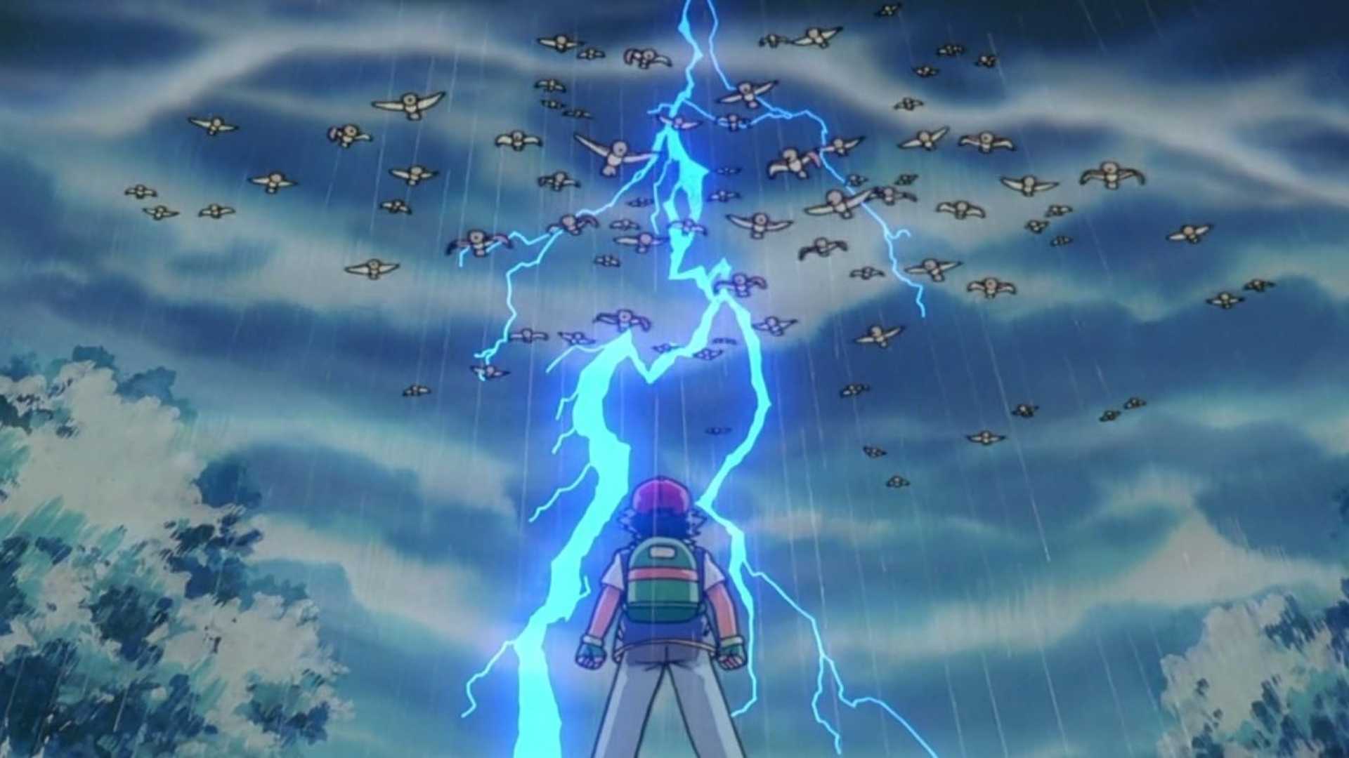 Pokemon Lightning Strikes In Front Of Ash While Spearow Fly Toward Him Anime