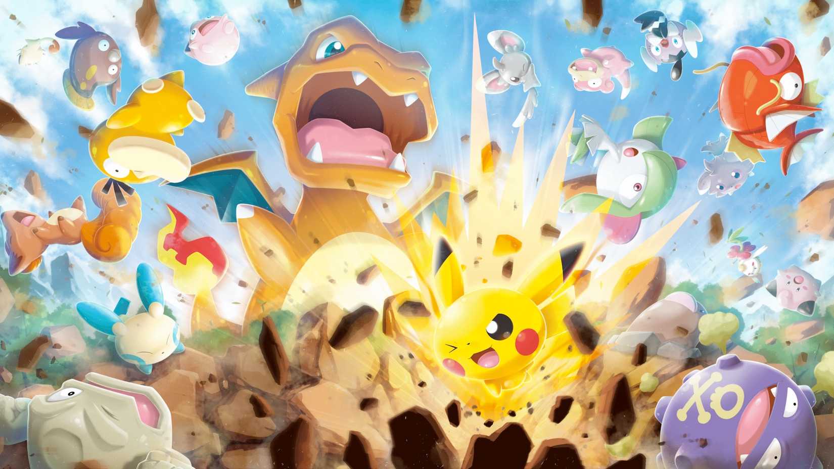 A Pokémon Rumble Rush promotional image featuring Charizard, Pikachu, and other Pokémon.