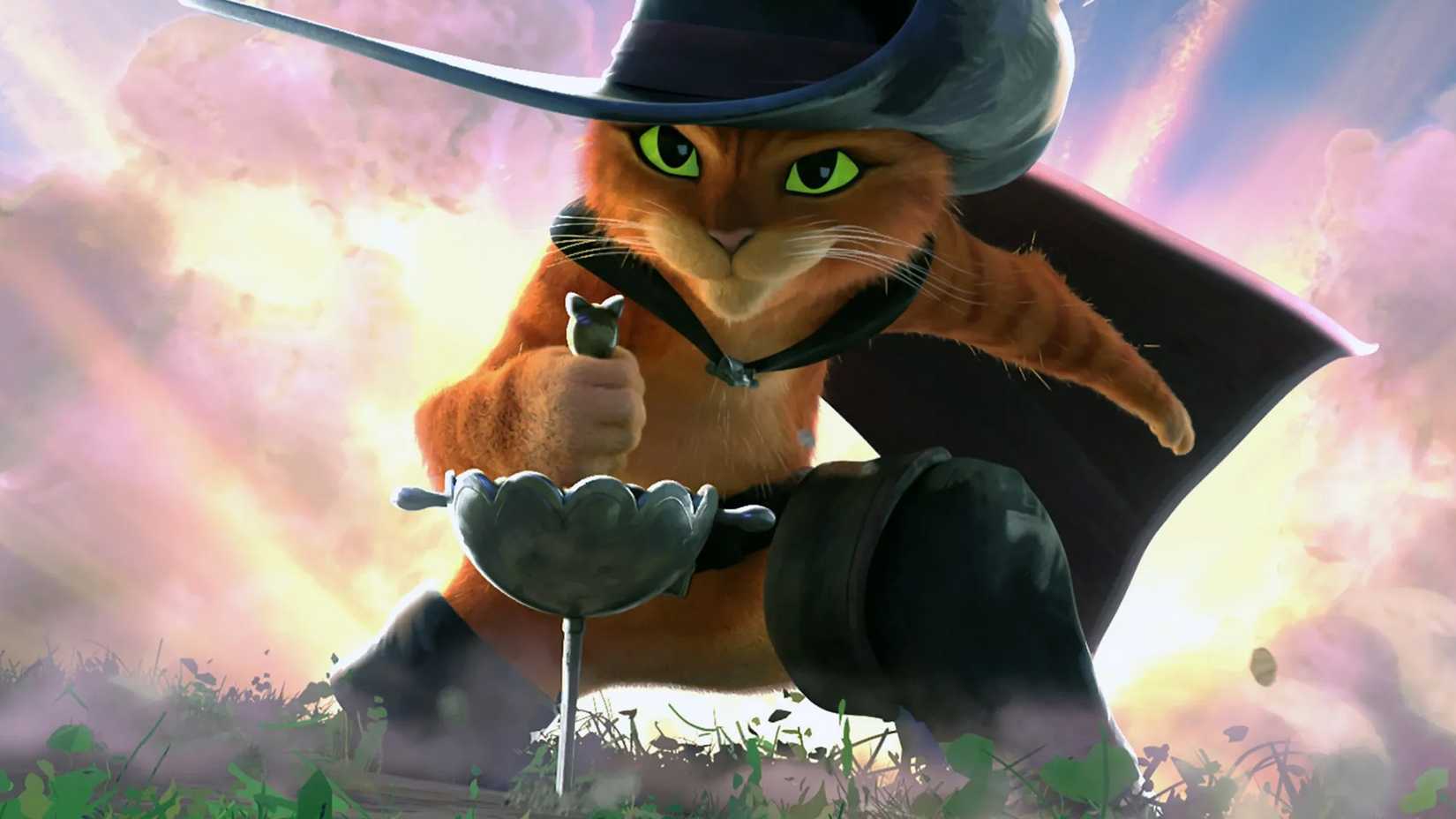 Puss in Boots thrusts his sword into the ground.