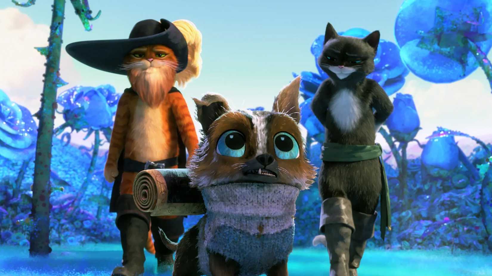 Perrito, Puss, and Kitty Softpaws walk through a fantasy jungle.