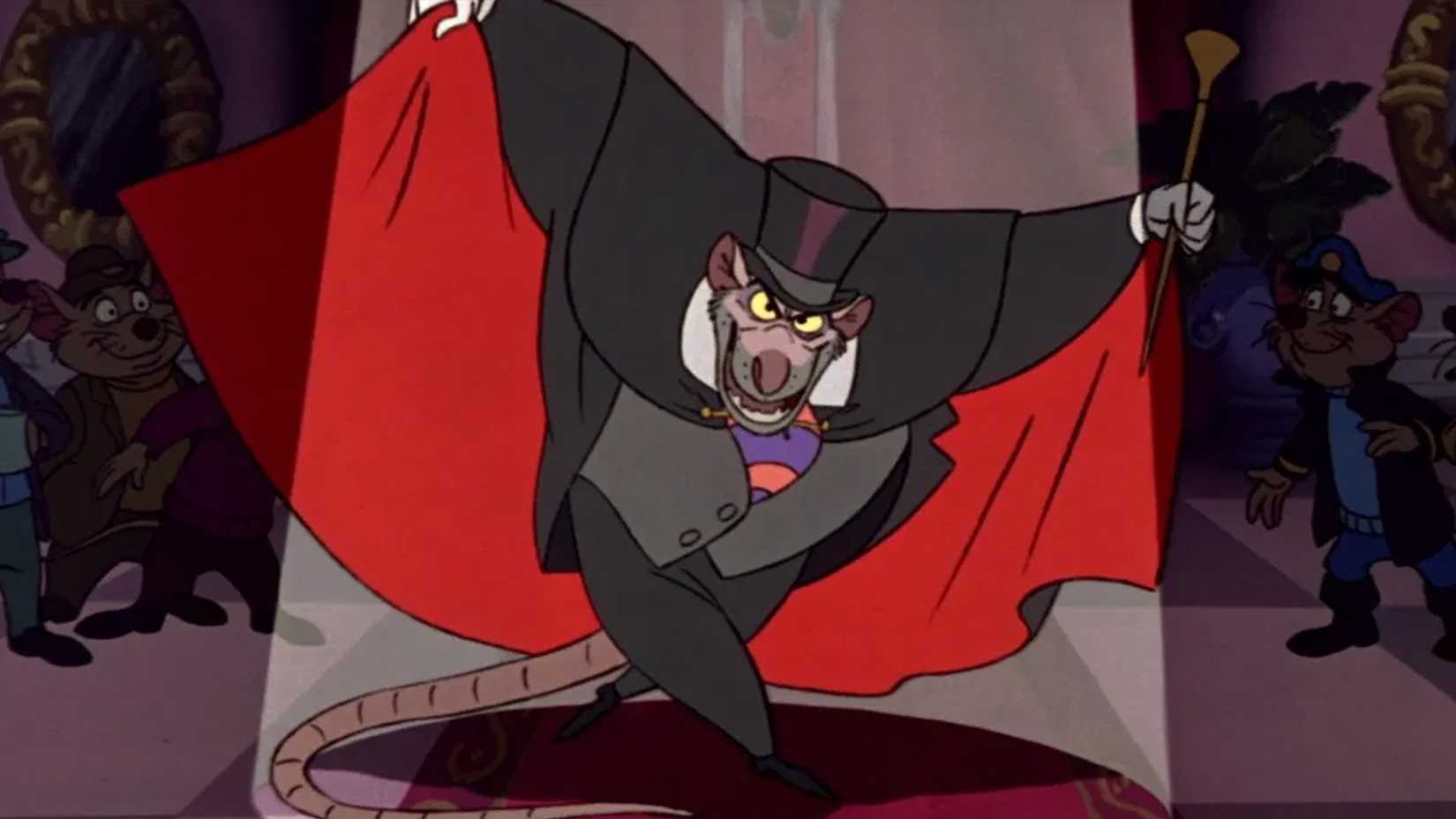 Ratigan holds his cape up in The Great Mouse Detective.